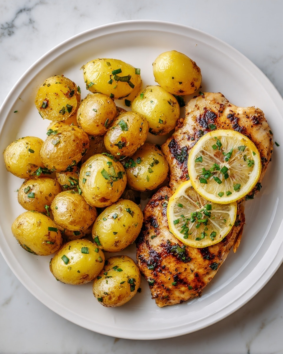 A white plate holds a roasted chicken piece topped with two thin lemon slices, both showing seeds inside and sprinkled with small bits of green herbs. The chicken is golden brown with a slightly crispy texture and grill marks. Surrounding the chicken are many halved yellow potatoes, lightly browned and coated with finely chopped green herbs. The plate is set on a white marbled surface that adds a clean, fresh look. photo taken with an iphone --ar 4:5 --v 7