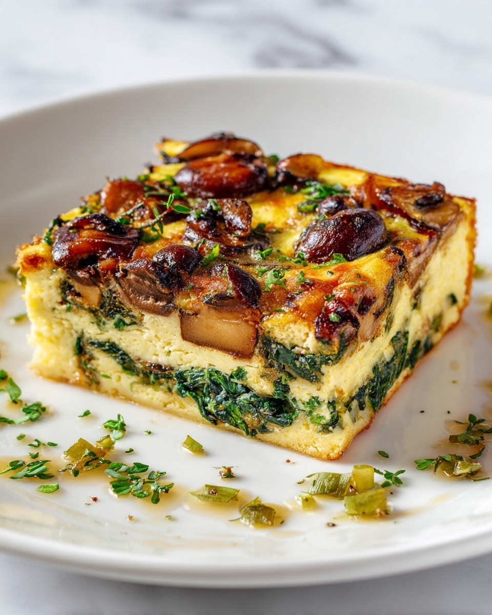 A square slice of baked egg dish with three visible layers sits on a plain white plate. The bottom layer is light yellow and firm. The middle layer contains dark green spinach mixed into a soft yellow egg base. The top layer is golden brown with cooked mushroom slices and sprinkled green herbs on the surface. Some extra chopped green herbs are scattered around the plate. The scene is set on a white marbled surface. Photo taken with an iphone --ar 4:5 --v 7