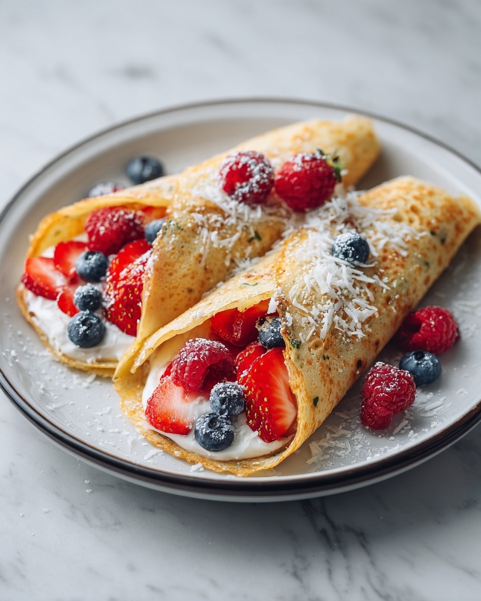 Two light golden brown crepes are folded in quarters and placed side by side on a white plate with a thin dark rim. Each crepe is filled with a creamy white filling and layered with vibrant red strawberry slices, deep blue blueberries, and bright red raspberries inside. More fresh berries are scattered on top of the crepes along with a light sprinkle of white shredded coconut, adding texture and color contrast. The plate is set on a white marbled surface. photo taken with an iphone --ar 4:5 --v 7