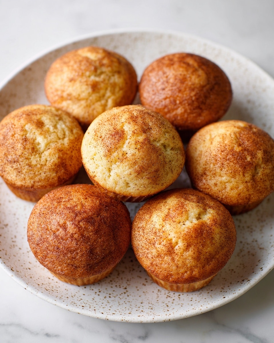 Seven muffins with golden brown tops covered lightly with cinnamon sugar are arranged closely together on a white plate with tiny brown speckles. Each muffin has a soft, slightly rounded dome shape with a textured surface. The plate rests on a white marbled surface, and the lighting highlights the warm, baked color of the muffins, creating a cozy and inviting look. photo taken with an iphone --ar 4:5 --v 7