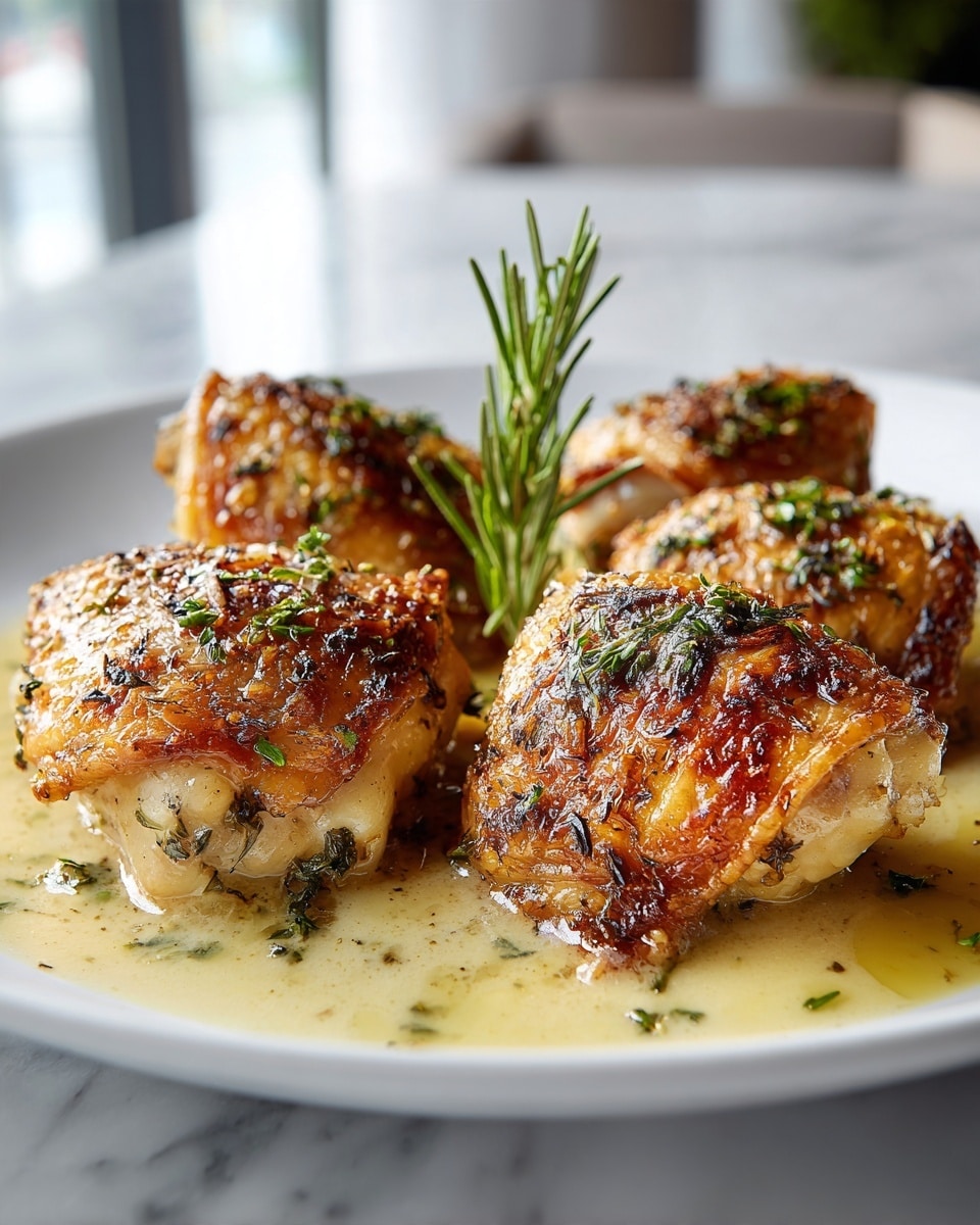 A white plate holds four pieces of golden-brown cooked chicken layered closely together, each piece covered with a shiny, slightly crispy sauce with herbs sprinkled on top, adding green specks. The chicken is coated in a rich, browned glaze that shows textures of seasoning and herbs. A small bunch of fresh green rosemary is placed in the center, resting on top of the chicken. The plate sits on a white marbled surface with a softly blurred kitchen background. photo taken with an iphone --ar 4:5 --v 7
