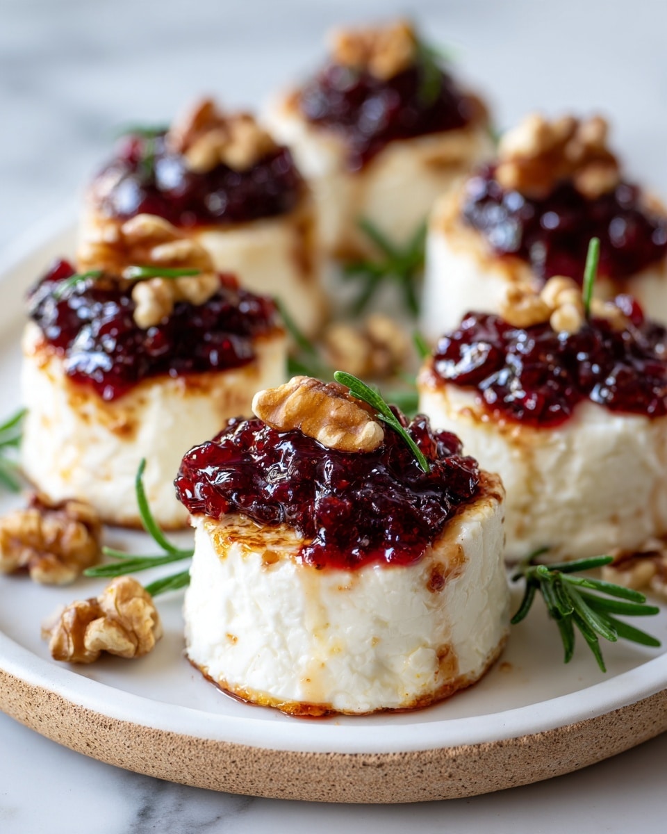 The image shows six small round pieces of grilled white cheese, stacked in two layers with a slightly browned outside. Each piece is topped with a dark red berry sauce that looks thick and glossy, and a walnut half placed neatly on top. The cheese rounds are placed on a white plate with a bit of texture around the edge. There are sprigs of fresh green rosemary and small green herbs scattered on the plate, along with a few extra walnut halves. The background is a white marbled surface, and the photo is taken closely to focus on the details of the cheese and toppings. photo taken with an iphone --ar 4:5 --v 7
