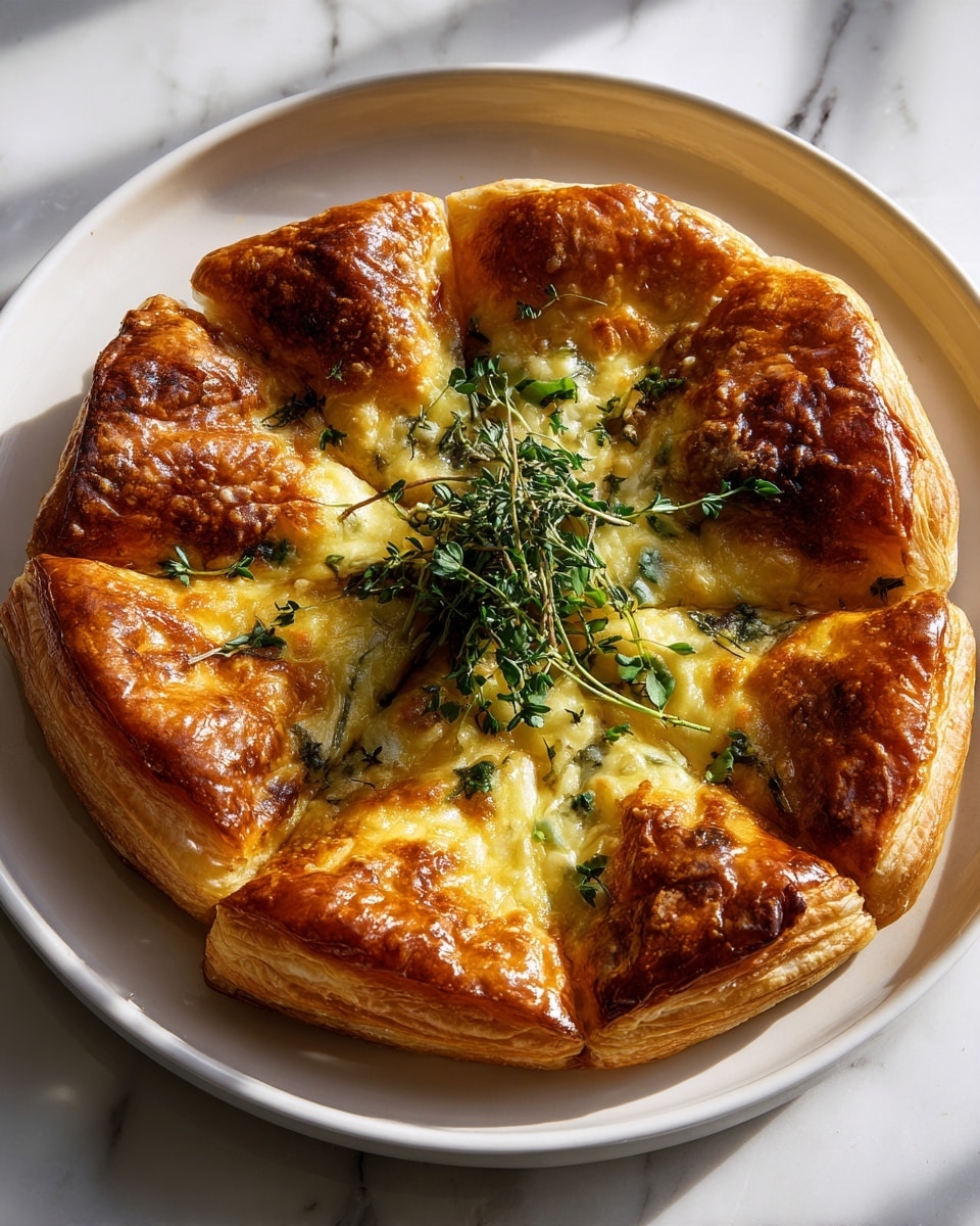 A round pastry tart sits on a white plate placed on a white marbled surface. The tart has a golden-brown, shiny crust with a layered, flaky texture visible around the edges. On top, the pastry is divided into sections with deep brown edges and a softer, cheesy, light yellow center sprinkled with green herbs. In the very middle, a small bunch of fresh green herbs adds a fresh touch. The pastry catches warm light, highlighting its crispiness and gloss. photo taken with an iphone --ar 4:5 --v 7