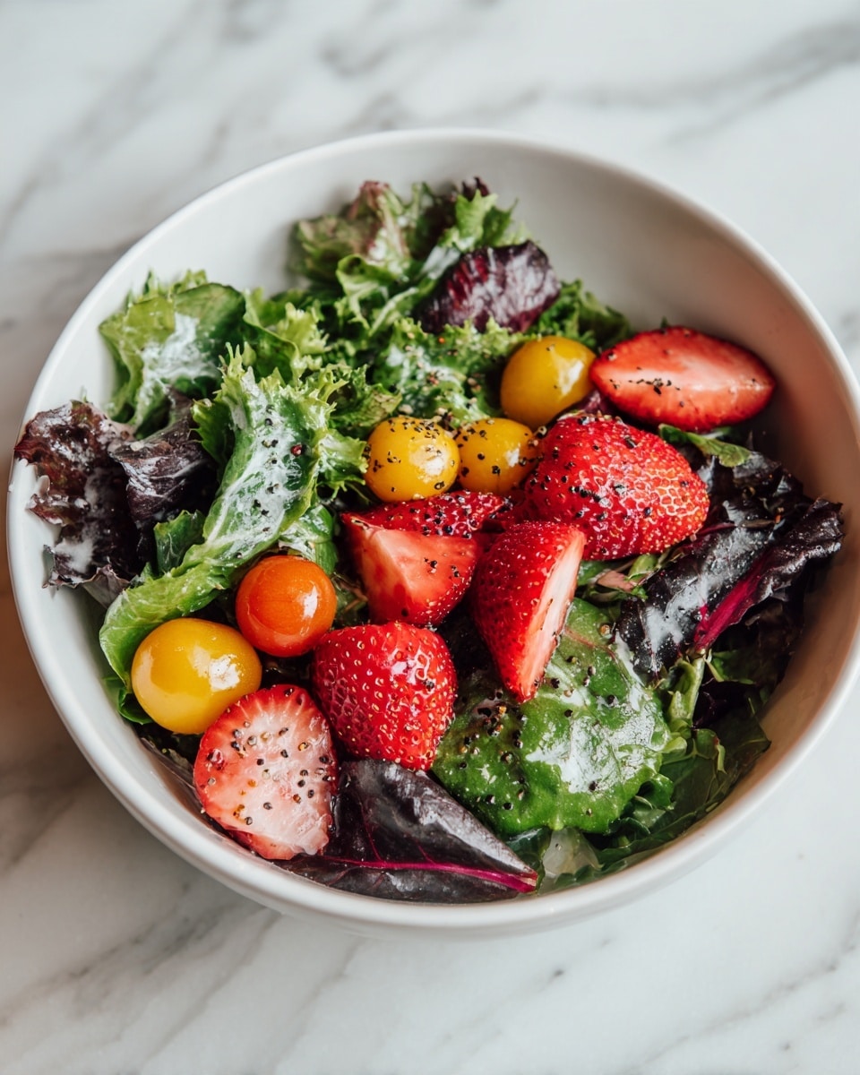 A white bowl sits on a white marbled surface filled with a fresh salad made of mixed green leaves forming the base layer, bright red whole and sliced strawberries scattered on top, and small yellow cherry tomatoes nestled among the greens. The salad is sprinkled with black pepper and a light drizzle of dressing, giving it a glossy look. photo taken with an iphone --ar 4:5 --v 7