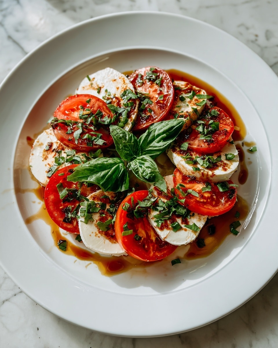 A white plate holds a dish made of alternating round red slices of tomato and white slices of soft cheese, arranged in two layers around the plate. The cheese looks smooth and fresh, with some small drops of oil. Fresh green basil leaves, both whole and chopped, are scattered on top and in the middle as garnish. A light brown sauce is drizzled over the ingredients, and a few black pepper specks add texture. The plate is placed on a white marbled surface. photo taken with an iphone --ar 4:5 --v 7