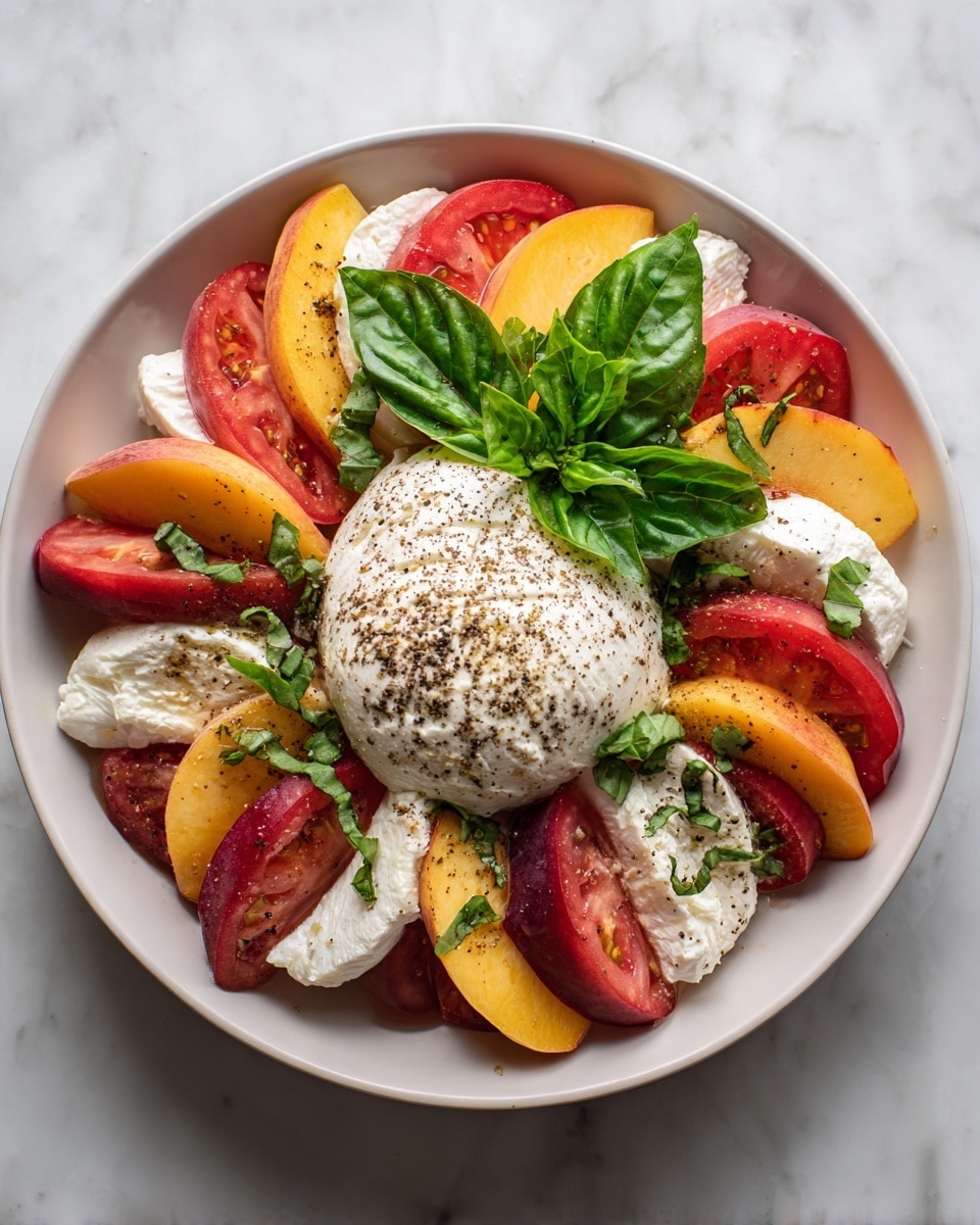 A white bowl contains a colorful salad with three main layers. The bottom layer is made of round slices of red tomatoes and orange-yellow peaches, arranged in a circle around the bowl. The middle layer has dollops of soft white cheese placed between the tomato and peach slices. On top is a round ball of creamy cheese sprinkled with brown spices. Fresh green basil leaves are scattered over the salad and one sprig sits on the cheese ball in the center. The bowl is placed on a white marbled surface. photo taken with an iphone --ar 4:5 --v 7