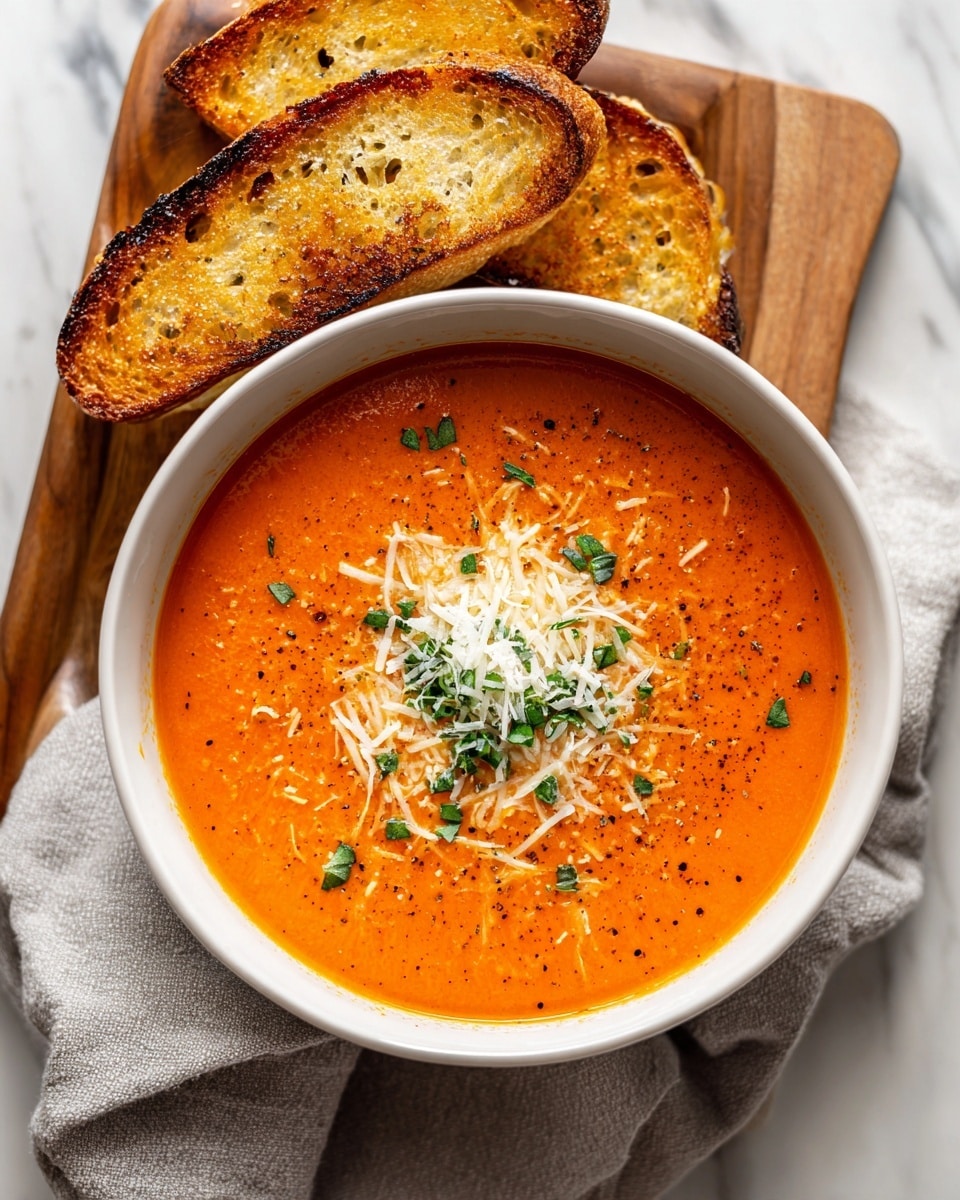 A beige bowl holds bright red tomato soup with a smooth texture. On one side of the bowl, two toasted bread slices rest, golden brown with darker edges and a crispy surface. The soup is topped with a small pile of white grated cheese and scattered green chopped herbs in the center. The bowl sits on a light gray cloth over a wooden board, all placed on a white marbled surface. photo taken with an iphone --ar 4:5 --v 7