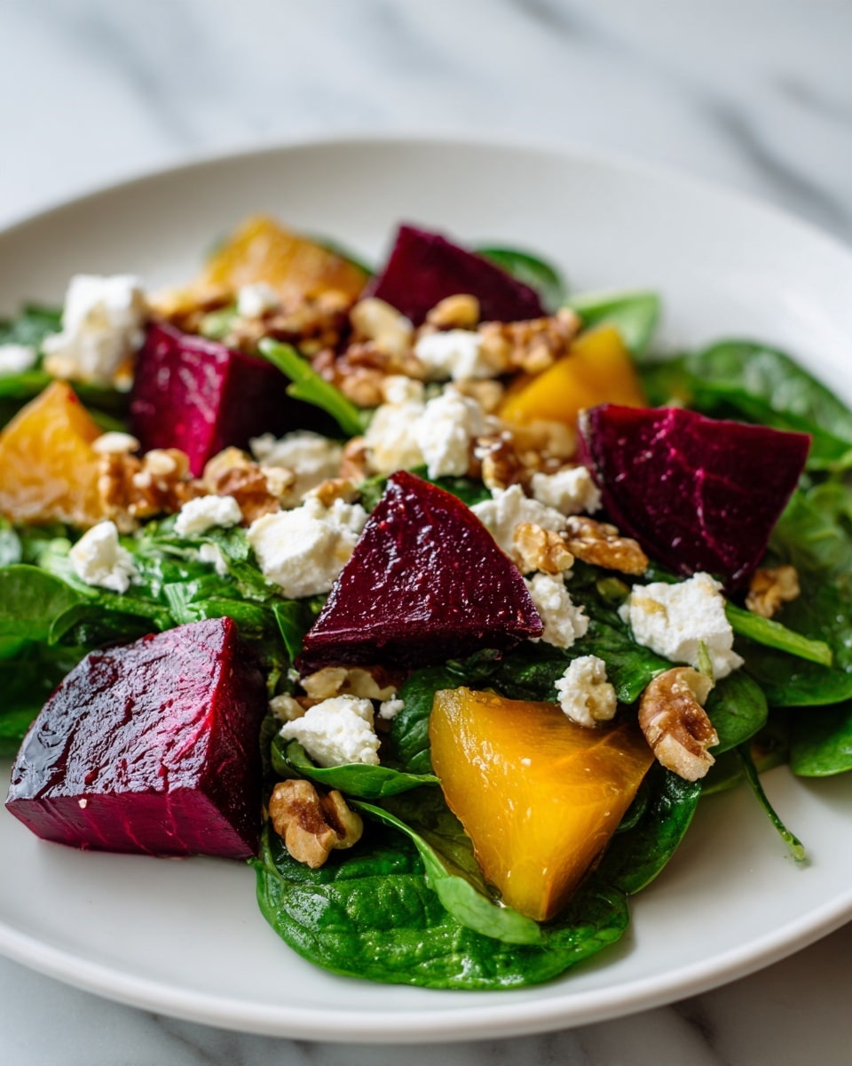 The image shows a salad on a white plate with a thin brown rim, placed on a white marbled surface. The salad has three main layers: the base layer is fresh green leafy spinach, the middle layer features chunks of red and yellow beets with a shiny texture, and the top layer is sprinkled with small white crumbles of cheese and whole light brown walnut halves. The ingredients are mixed but still distinct, and there is a light dressing giving a slight shine to the beets. photo taken with an iphone --ar 4:5 --v 7