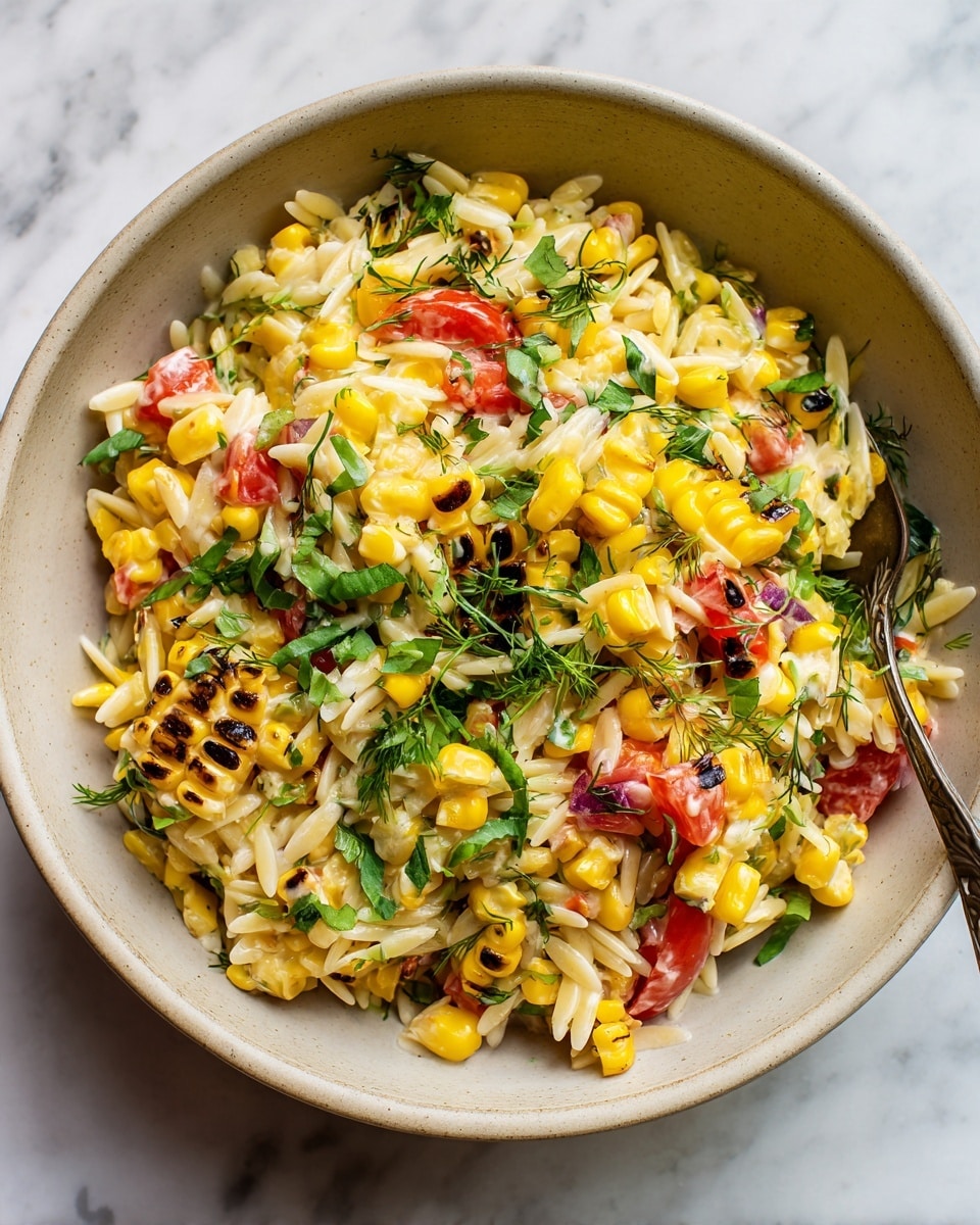 A beige bowl filled with a colorful salad sits on a white marbled surface, the dish layered with small, glossy, light yellow orzo pasta at the base mixed evenly. Scattered throughout are bright yellow grilled corn pieces with charred black spots, along with red tomato chunks that add vibrant color. Fresh green herbs, including dill sprigs and sliced green onions, are sprinkled on top, giving the salad a fresh, leafy texture. A light, creamy white dressing is drizzled unevenly over the salad, adding a glossy finish to the mix. The bowl's speckled surface contrasts softly with the bright colors of the salad inside. photo taken with an iphone --ar 4:5 --v 7