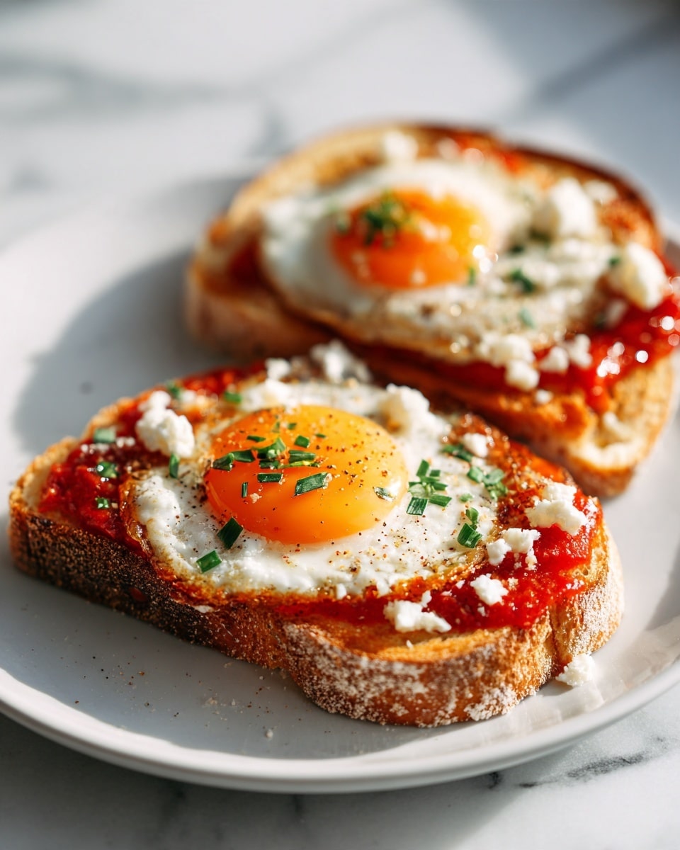 Two pieces of toasted brown bread sit on a white plate with a smooth texture. Each slice has a layer of red tomato spread, topped with a sunny, bright orange fried egg with a cooked white edge. White crumbled cheese dots the top of the eggs and tomato, sprinkled with small green herbs. The plate rests on a white marbled surface, and soft natural light highlights the warm, fresh colors of the food. photo taken with an iphone --ar 4:5 --v 7