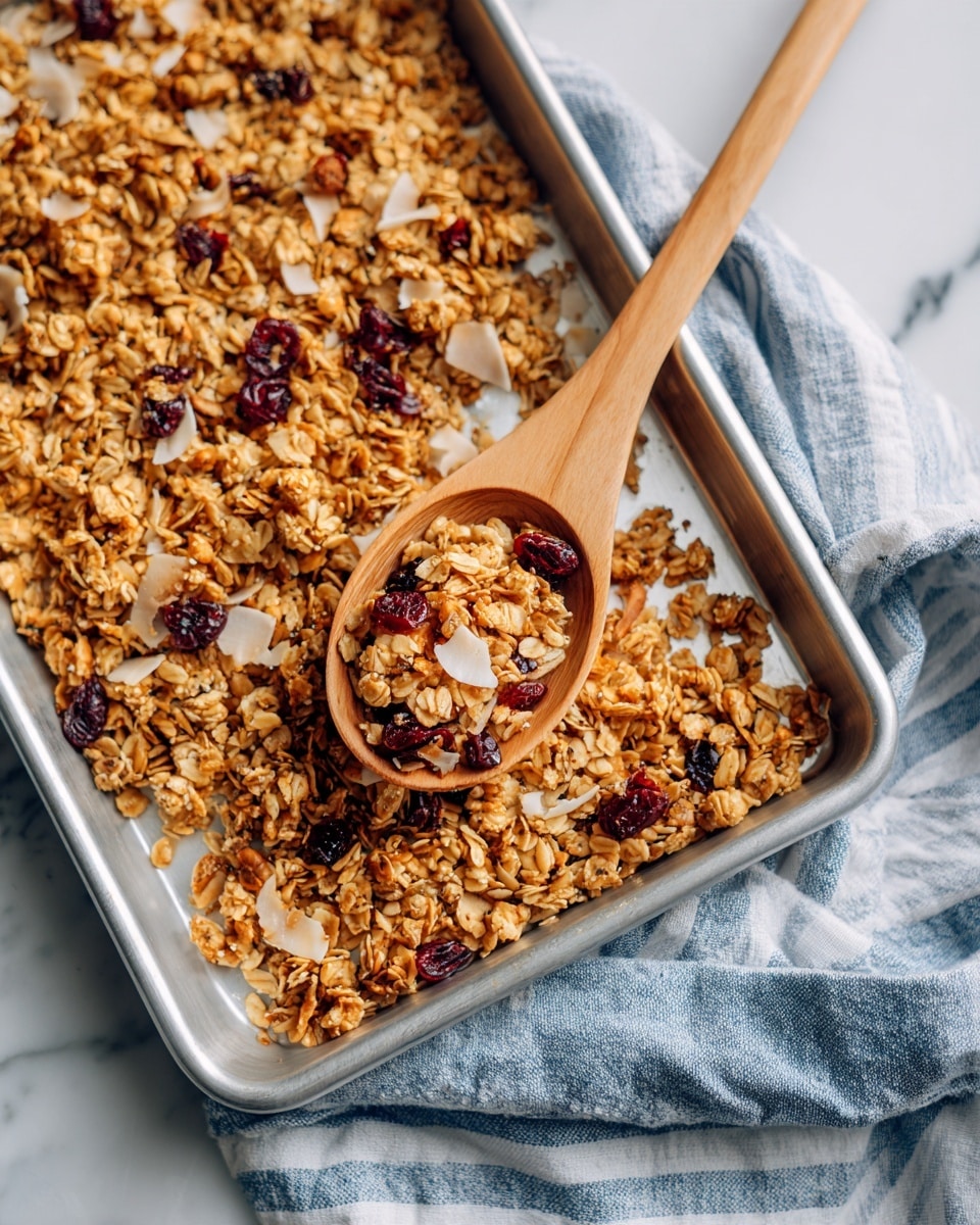 A large white tray filled with toasted granola that has a mix of golden brown oats, light brown almond slices, and dark red dried cranberries, giving it a varied rough texture. On top of the granola, there are thin white coconut flakes scattered throughout. A wooden spoon with holes in it rests on the tray, holding a scoop of the granola mix. The tray is placed on a white marbled surface with a blue and white striped cloth partially visible at the bottom left corner. Photo taken with an iphone --ar 4:5 --v 7