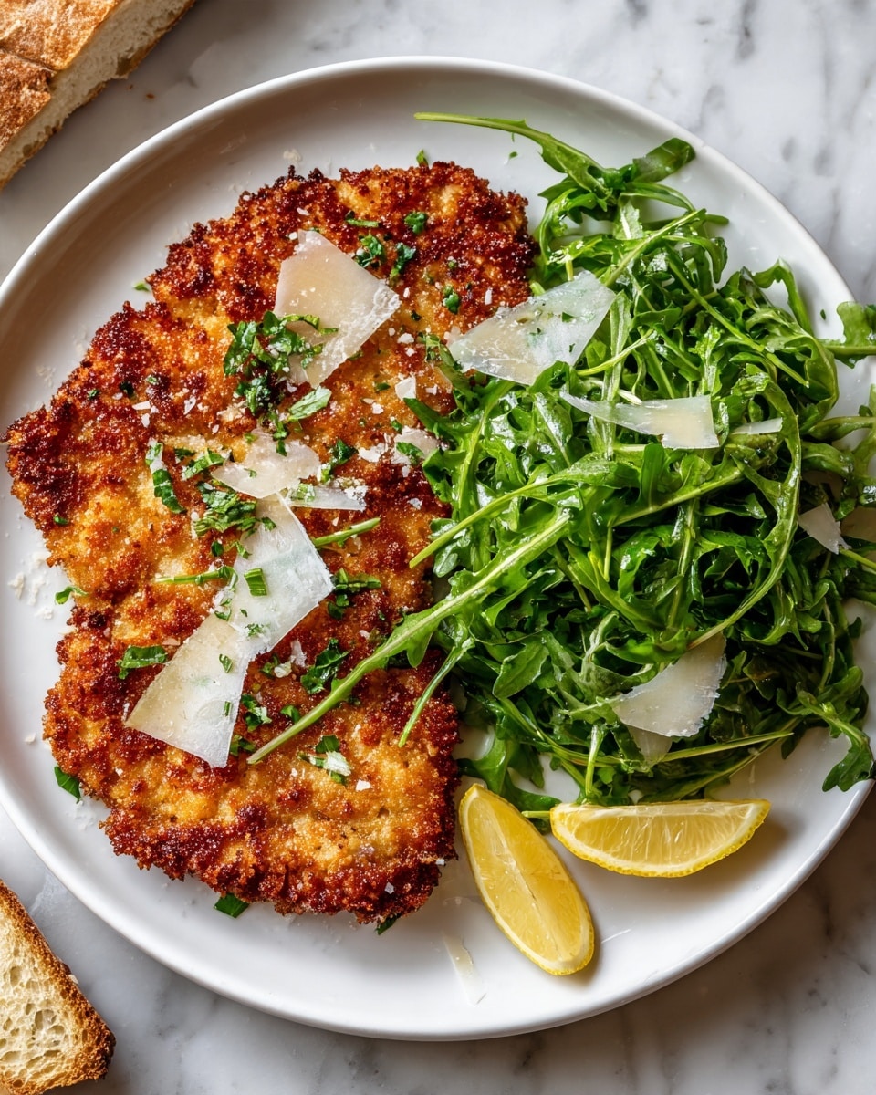 A white plate on a white marbled surface holds a golden brown, crispy breaded cutlet positioned on the right side. On the left side, there is a fresh green salad made of arugula leaves with white shavings of cheese scattered on top. Two thin yellow lemon slices rest near the top right edge of the cutlet, adding bright color to the plate. The salad looks fresh and slightly glossy, contrasting nicely with the crispy texture of the cutlet. Photo taken with an iphone --ar 4:5 --v 7