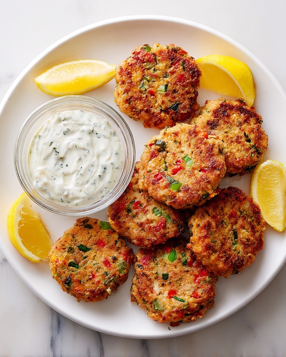 A white plate on a white marbled surface holds seven golden-brown patties speckled with small red and green bits, stacked and spread in a casual arrangement. Three lemon wedges are placed decoratively on one side of the plate, their bright yellow color contrasting with the patties. A small glass bowl filled with creamy white sauce flecked with green herbs sits on the plate near the patties, completing the dish with a fresh and inviting look. Photo taken with an iphone --ar 4:5 --v 7