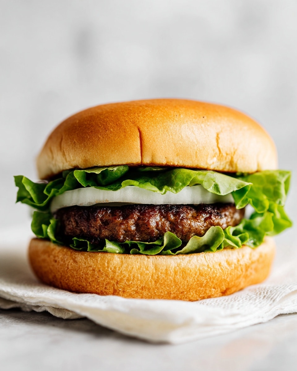 A close-up view of a burger with four visible layers inside a soft, golden bun. The bottom layer is fresh green lettuce with wavy edges, sitting directly on the white bottom bun. Above the lettuce is a bright red tomato slice, thick and juicy. On top of the tomato is a thick, well-cooked hamburger patty, dark brown with a slightly rough texture. At the top, there is a thin ring of light white onion just beneath the soft, golden top bun. The burger is placed on a white textured napkin on a white marbled surface. Photo taken with an iphone --ar 4:5 --v 7