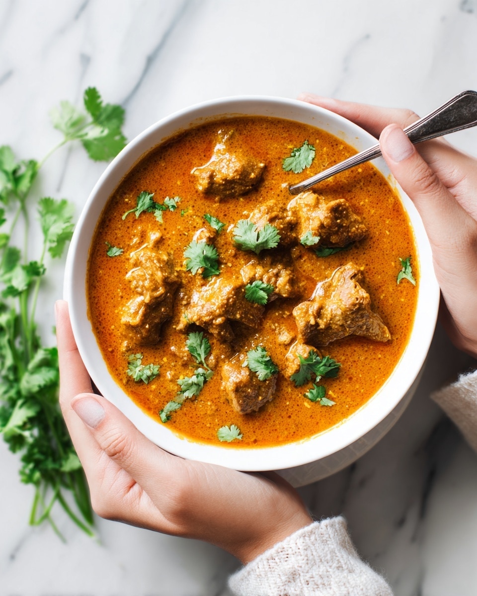 A white bowl filled with thick orange curry containing chunks of tender meat, topped with a few fresh green cilantro leaves. A white spoon is dipped into the curry on the left side of the bowl. The bowl is held by a woman's hand from the bottom, against a white marbled surface with some green cilantro leaves blurred in the background photo taken with an iphone --ar 4:5 --v 7