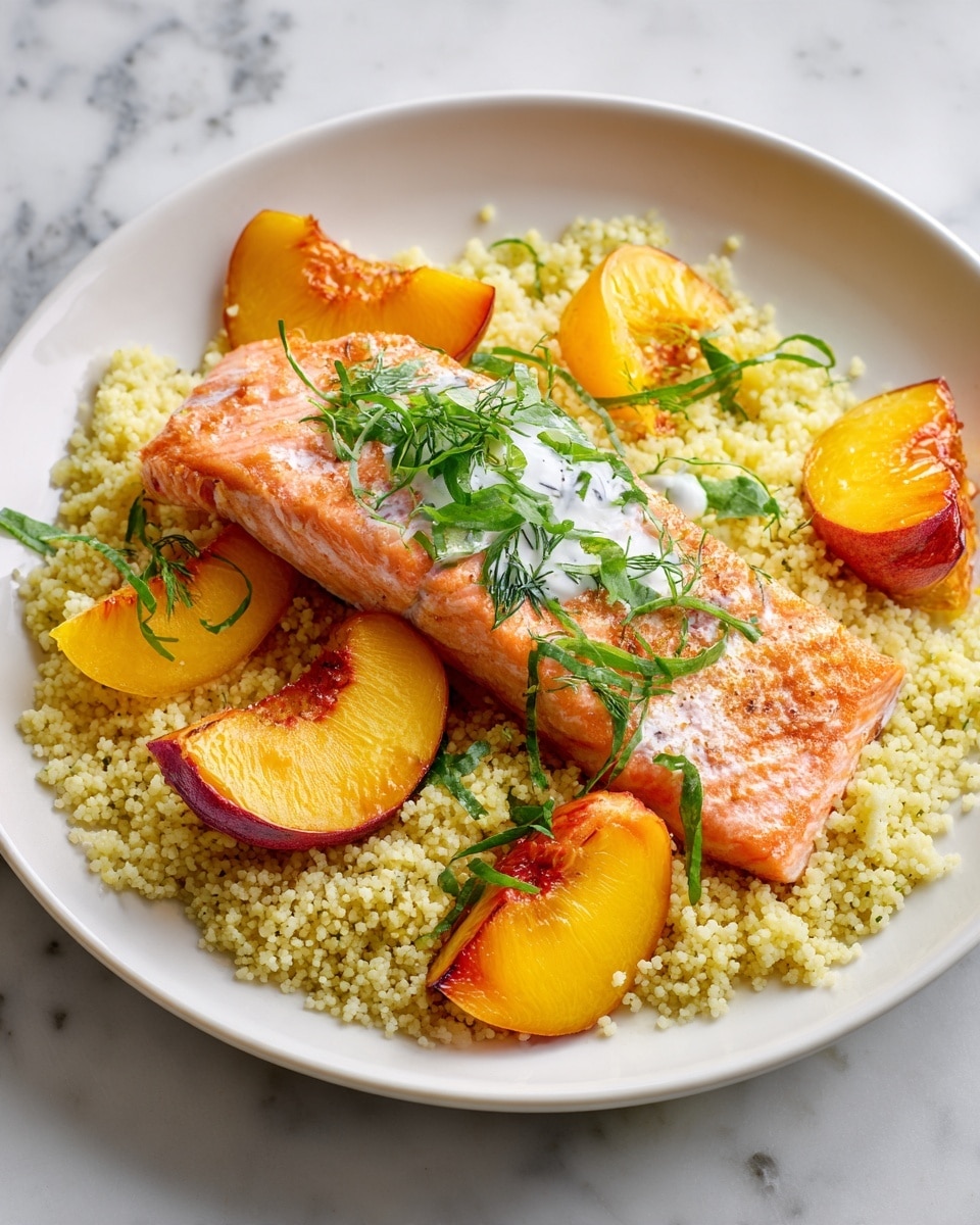 This image shows a white plate with four main visual layers. The bottom layer is light yellow couscous with a soft and grainy texture, spread across the plate. On top of the couscous, there is a large piece of cooked salmon with a glossy, light pink-orange surface, showing some grill marks and black pepper specks. Around the salmon, bright orange slices of grilled peaches with charred edges are placed. The top layer includes thin strips of fresh, bright green basil leaves, scattered over the salmon and peaches, adding a fresh look. The entire scene is set against a white marbled surface. Photo taken with an iphone --ar 4:5 --v 7