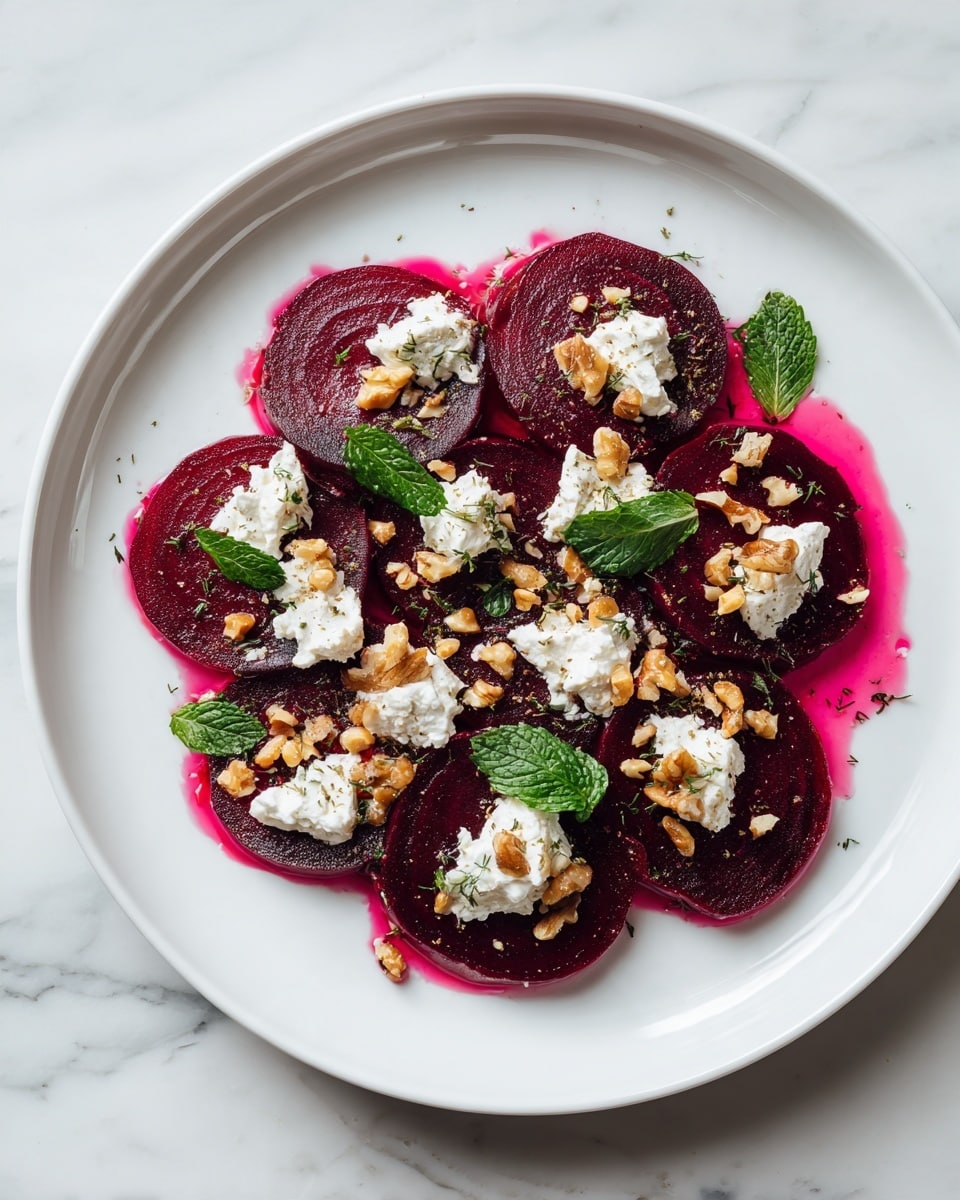 A white plate holds several dark red, shiny beet slices arranged in a circular, slightly overlapping pattern as the first layer. On top, small pieces of white soft cheese are placed unevenly across the beets. Scattered around are small walnut chunks, bright green mint leaves, and thin shreds of yellow-orange zest, adding color contrast and texture. The dish is set on a white marbled surface with some beet juice lightly spreading near the edges. photo taken with an iphone --ar 4:5 --v 7