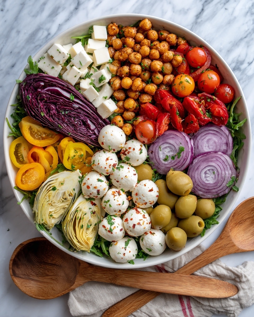 The image shows a variety of fresh and colorful ingredients arranged on a white marbled surface. In the center, a wooden board holds a halved purple and white radicchio, thinly sliced red onions fanned out beside it, and some green herbs. To the right, a white bowl is filled with white cheese balls and cubed pale yellow cheese, while a gold-rimmed white bowl next to it holds bright red and yellow cherry tomatoes. Below, a white bowl full of fresh green arugula leaves is placed near a small white bowl with light brown chickpeas. Scattered items include a bunch of small orange cherry tomatoes on the vine, whole garlic cloves, jars with red sauce, yellow mustard, green olives, and pepper flakes. A bottle of yellow olive oil and a pepper mill complete the assortment. photo taken with an iphone --ar 4:5 --v 7