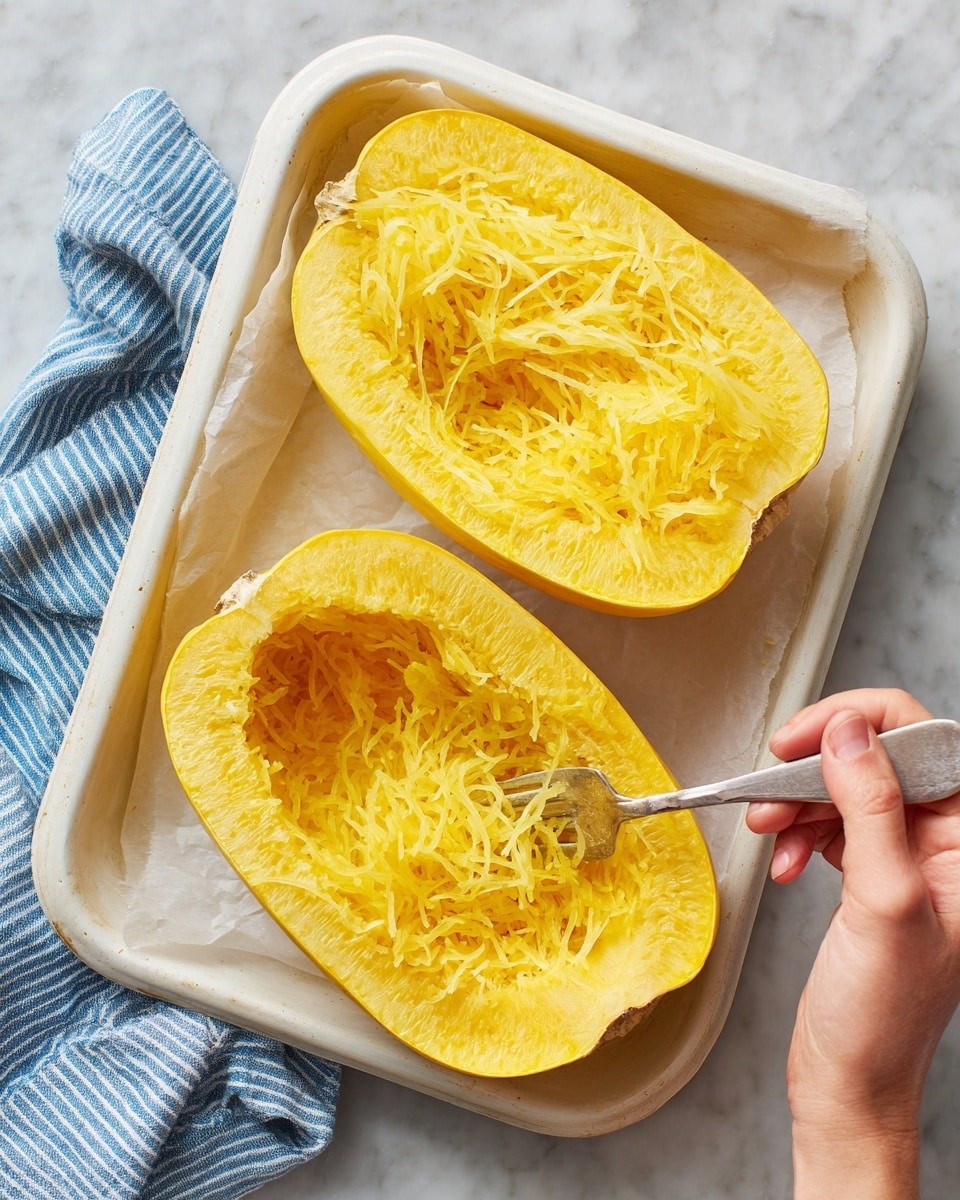 The image shows two halves of a yellow spaghetti squash on a white marbled surface. One half is held by a woman's hand while another woman's hand is using a fork to scrape the inside of the squash, creating long, thin, stringy yellow strands. The shells of the squash are smooth and have a darker brown edge near the skin. The strands inside are bright yellow and look soft with a slightly fibrous texture. A few strands are loose on the white marbled background. Photo taken with an iphone --ar 4:5 --v 7
