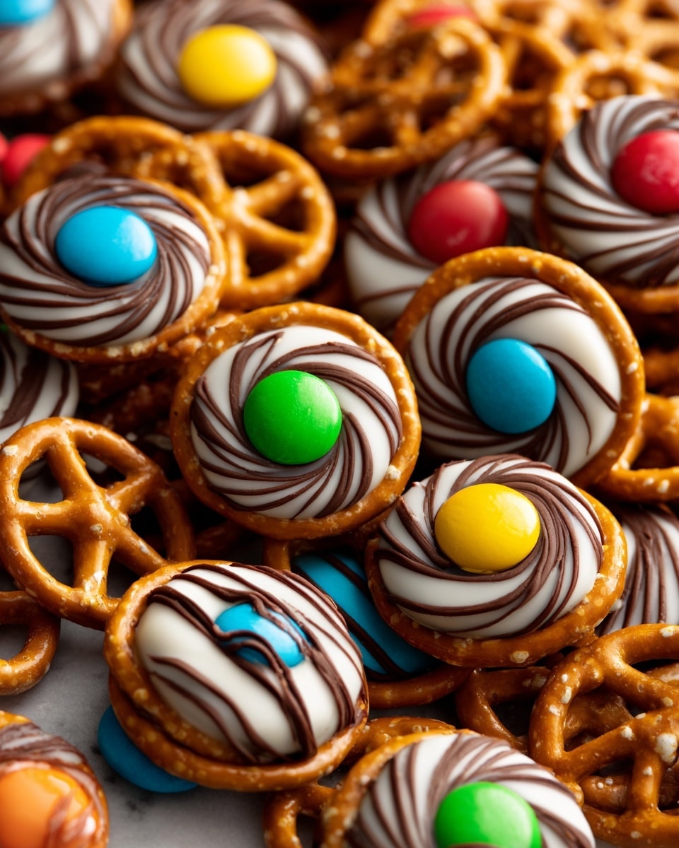 The image shows a pile of small round treats on a white plate placed on a white marbled surface. Each treat has a pretzel base with a light brown color and a rough texture, topped with a white chocolate layer that has smooth swirls of milk chocolate creating striped patterns. Sitting at the center of each treat is a colorful candy-coated chocolate piece, in red, blue, green, or yellow, which is shiny and smooth. The pretzels are stacked closely, some overlapping one another, filling the plate almost completely. photo taken with an iphone --ar 4:5 --v 7