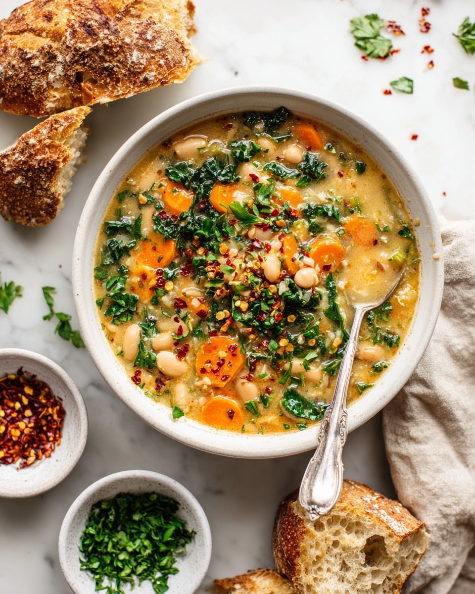 A bowl filled with a creamy, thick soup showing three visible layers: a base layer of white beans and orange carrot slices, a middle layer of finely chopped dark green herbs and leafy greens, and a top layer sprinkled with red chili flakes and fresh parsley pieces. The bowl is white and textured, with a metal spoon resting inside. Two small white bowls filled with chopped parsley and red chili flakes are visible in the background, placed on a white marbled surface. Pieces of crusty bread with a golden brown crust are partially shown next to the bowl, along with some scattered parsley. A light gray cloth napkin is seen on the right side. Photo taken with an iphone --ar 4:5 --v 7