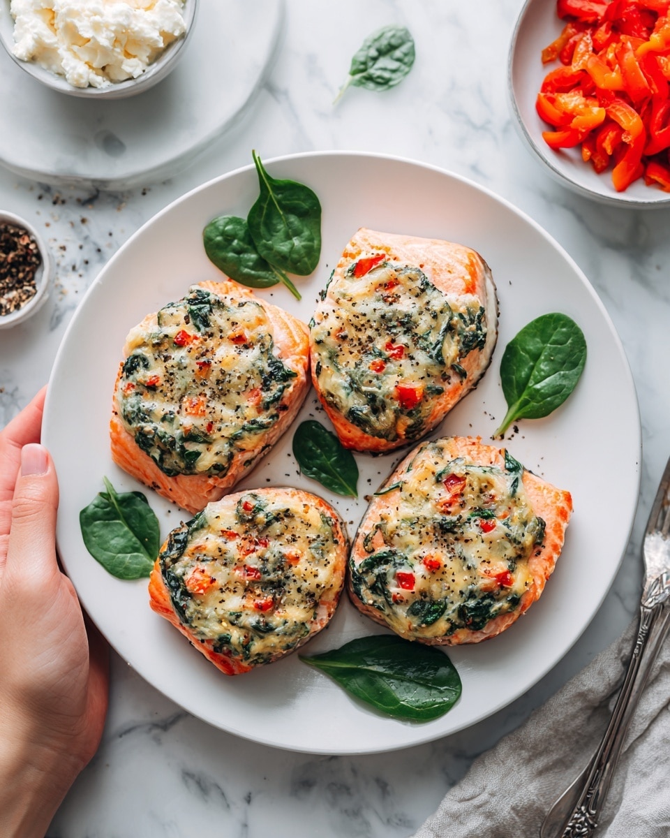 Four pieces of cooked salmon fillets are placed neatly on a round white plate on a white marbled surface. Each salmon piece is light orange with a creamy stuffed topping made of white cheese mixed with green spinach leaves and small red bell pepper pieces spread in a thick layer on top. The salmon is lightly speckled with black pepper. Around the plate, there are fresh spinach leaves scattered, a small bowl of white cheese at the top left, and a small bowl of chopped red bell peppers at the bottom right. A silver serving fork and spoon rest on the right edge of the plate, and a gray cloth napkin is partially visible at the bottom left. Photo taken with an iphone --ar 4:5 --v 7