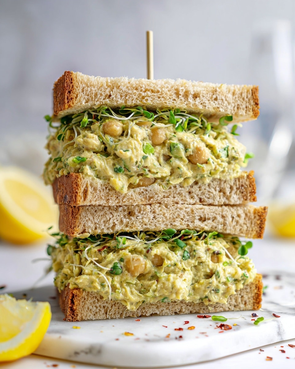 A tall sandwich made of three layers of brown bread, separated by thick, chunky fillings with a pale yellow-green color that appears creamy with bits of white and green showing texture; small green sprouts are visible between the layers, adding freshness, and the sandwich is held together with a toothpick coming out from the top. The sandwich sits on a white marbled surface with a blurred background and part of a lemon wedge visible very close to the bottom right. photo taken with an iphone --ar 4:5 --v 7