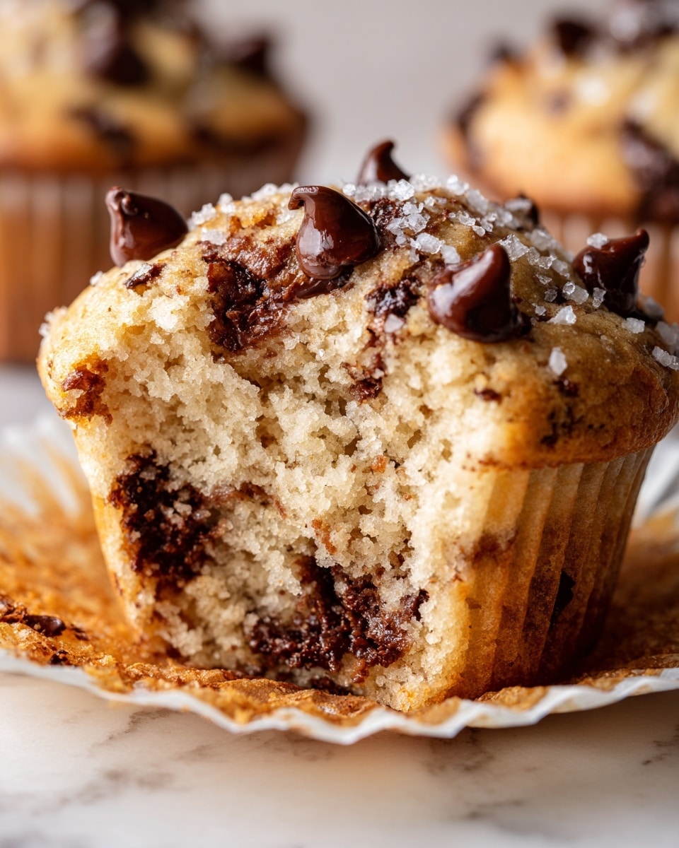 A close-up view of a single chocolate chip muffin with a bite taken out, showing three layers: the light brown, soft, and crumbly muffin base filled with melted dark chocolate chips; a top layer covered with a cluster of glossy dark chocolate chips; and a few flakes of coarse sea salt sprinkled on the chocolate chips. The muffin is inside a white paper liner resting on a white marbled surface. The background is softly blurred, showing more muffins out of focus. photo taken with an iphone --ar 4:5 --v 7