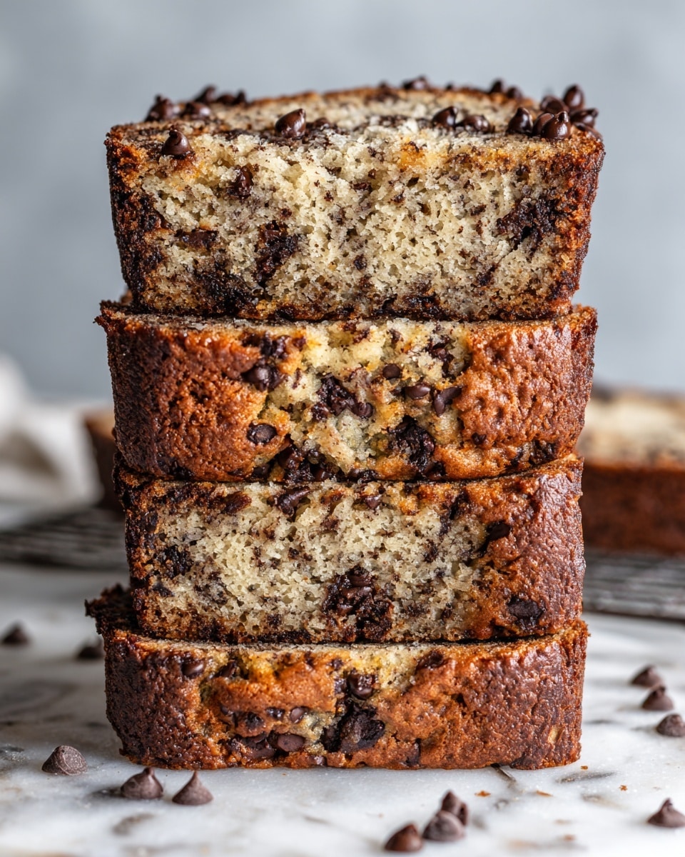 Four thick slices of banana bread stacked slightly on a white plate with a white marbled texture background. The banana bread has a golden-brown crust and shows a moist, textured inside filled with dark chocolate chips spread throughout each slice. The top layer is covered with many chocolate chips that are slightly melted and glossy, adding rich contrast to the soft, light brown bread. Some loose chocolate chips are scattered around the plate, enhancing the cozy and fresh look. photo taken with an iphone --ar 4:5 --v 7