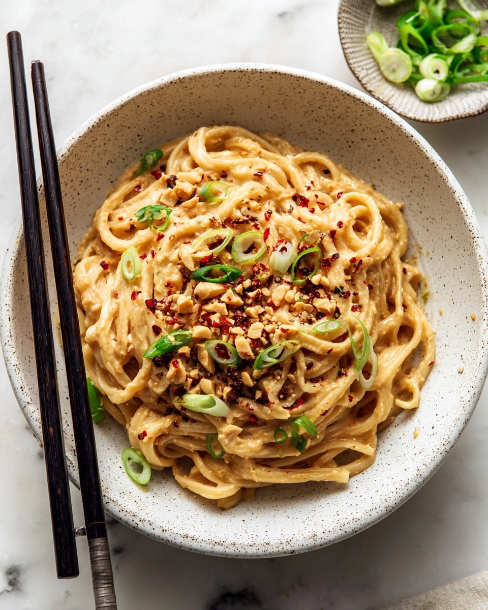 A close-up view of a bowl of noodles in a light brown sauce fills the white bowl, with the noodles twisted and layered thickly inside. On top, there are sprinkled chopped peanuts and bright green sliced scallions, as well as small red chili flakes adding spots of color. Black chopsticks rest on the bowl’s edge, and the bowl sits on a white marbled surface. In the blurred background, a small bowl with green scallions is partly visible. photo taken with an iphone --ar 4:5 --v 7