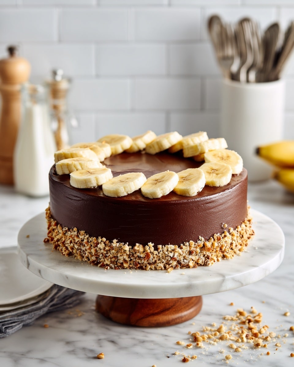 A round chocolate cake with smooth, dark brown frosting covers the entire cake in one even layer. On top, there is a half-circle of thin, light yellow banana slices arranged neatly on one side, while the rest of the top is sprinkled with crunchy chopped nuts that form a border around the edge. The cake sits on a white marble cake stand with a wooden base, placed on a white marbled surface with some crumbs scattered nearby. The background has a white tiled wall with out-of-focus milk bottles and cutlery in a white container. Photo taken with an iphone --ar 4:5 --v 7