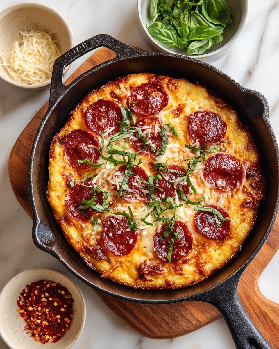 The image shows a small pizza with three layers: the bottom thin golden-brown crust, a middle layer of melted, slightly browned cheese, and a top layer scattered with dark red pepperoni slices and thin green basil strips. The pizza is inside a black cast-iron skillet with a rough texture, set on a wooden board. Around the skillet are two small beige bowls, one with red chili flakes and the other with green chopped basil leaves. There are white grated cheese sprinkles on the skillet edge and board, and the background is a white marbled texture. Photo taken with an iphone --ar 4:5 --v 7