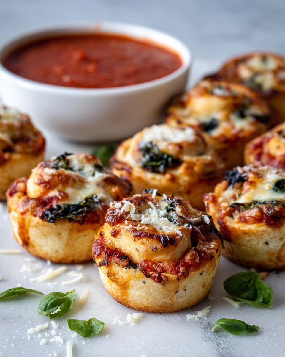 The image shows many small pizza rolls on a white marbled surface. Each roll has three visible layers: a golden brown baked dough outer layer, a middle layer of bright red tomato sauce, and an inner top layer of melted cheese mixed with small dark green basil pieces. Some rolls have light sprinkles of grated cheese on top and small fresh green basil leaves. In the top left corner, there is a white bowl with thick red marinara sauce. Photo taken with an iphone --ar 4:5 --v 7