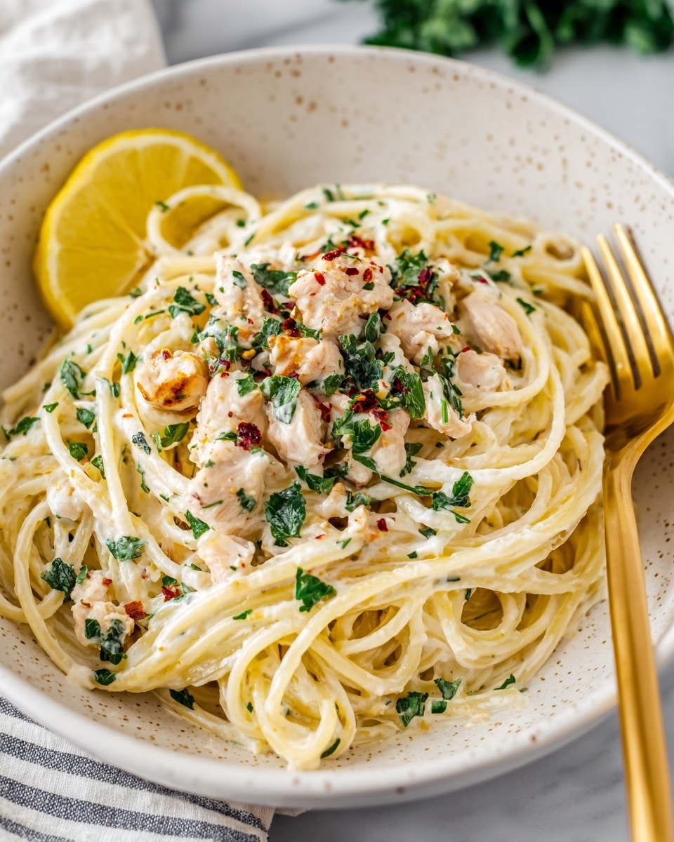 A close-up view of creamy pasta served in a white bowl with a speckled texture, showing about three layers: the bottom layer is a mix of long, thick spaghetti noodles in a light cream sauce, topped with chunks of white chicken, sprinkled with green chopped herbs and red chili flakes, and garnished on one side with a thin slice of yellow lemon; a gold fork rests inside the bowl on the right. The bowl is placed on a white marbled surface with a soft focus background and a striped cloth visible on the bottom right. Photo taken with an iphone --ar 4:5 --v 7