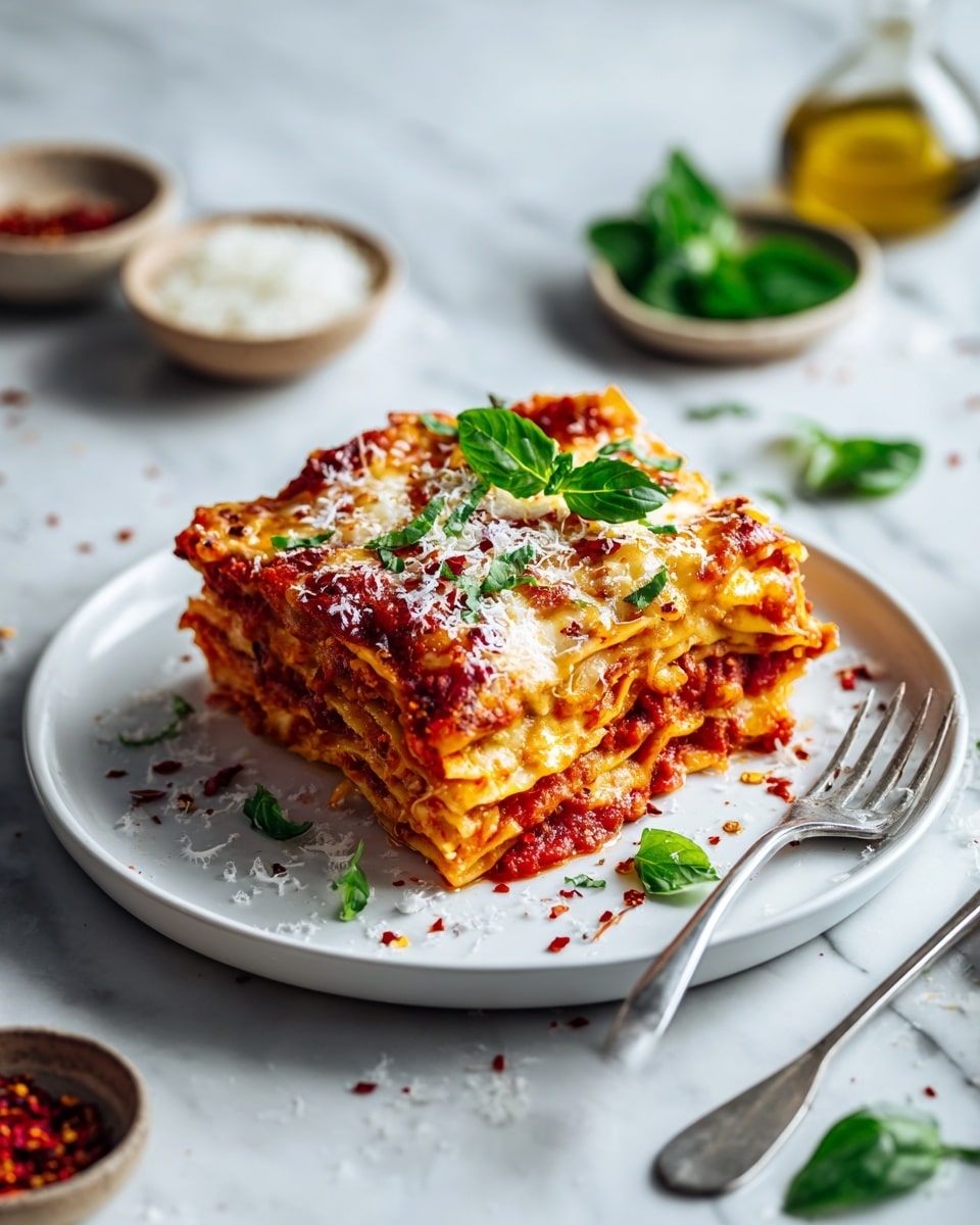 A white speckled plate with a layered dish at the center showing a base layer of bright red sauce spread thinly on the plate, topped with a thick golden-brown lasagna layer with slight bubbling and crisped spots, sprinkled generously with white grated cheese and small red chili flakes, and garnished with fresh green basil leaves; a vintage silver fork rests on the right edge of the plate, all set on a white marbled surface with small bowls of grated cheese and fresh herbs visible in the background. photo taken with an iphone --ar 4:5 --v 7