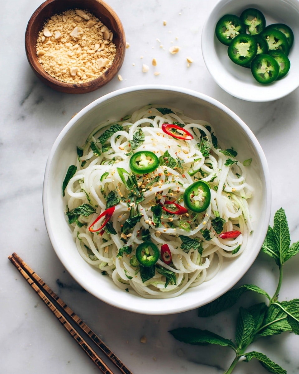 The image shows two parts: on the left, a close-up of uncooked white rice noodles tightly stacked vertically on a white marbled surface; on the right, a white bowl filled with cooked rice noodles topped with slices of green jalapeño, diced avocado, and a drizzle of red sauce, with lime wedges placed on the side inside the bowl. Two light brown wooden chopsticks rest on the edge of the bowl. The noodles look soft and slightly shiny, mixed with small bits of crushed peanuts and some green herbs visible beneath the toppings. Photo taken with an iphone --ar 4:5 --v 7