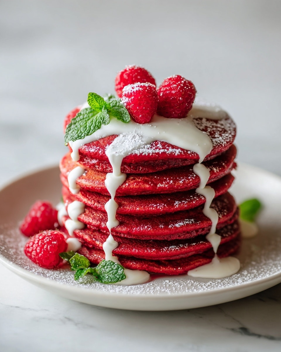 The image shows a stack of five bright red pancakes on a white plate, topped with a light dusting of powdered sugar and creamy white sauce dripping down the sides. The plate is on a white marbled surface, surrounded by kitchen items including a large white bowl with red batter inside, a glass bowl of flour, a small glass bowl of white sugar, a small glass bowl of brown sugar, a vanilla bean, measuring spoons with spices, a jar of dark liquid, a block of butter, and a carton of brown eggs. In the background, kitchen utensils and a white mixer are visible. Photo taken with an iphone --ar 4:5 --v 7