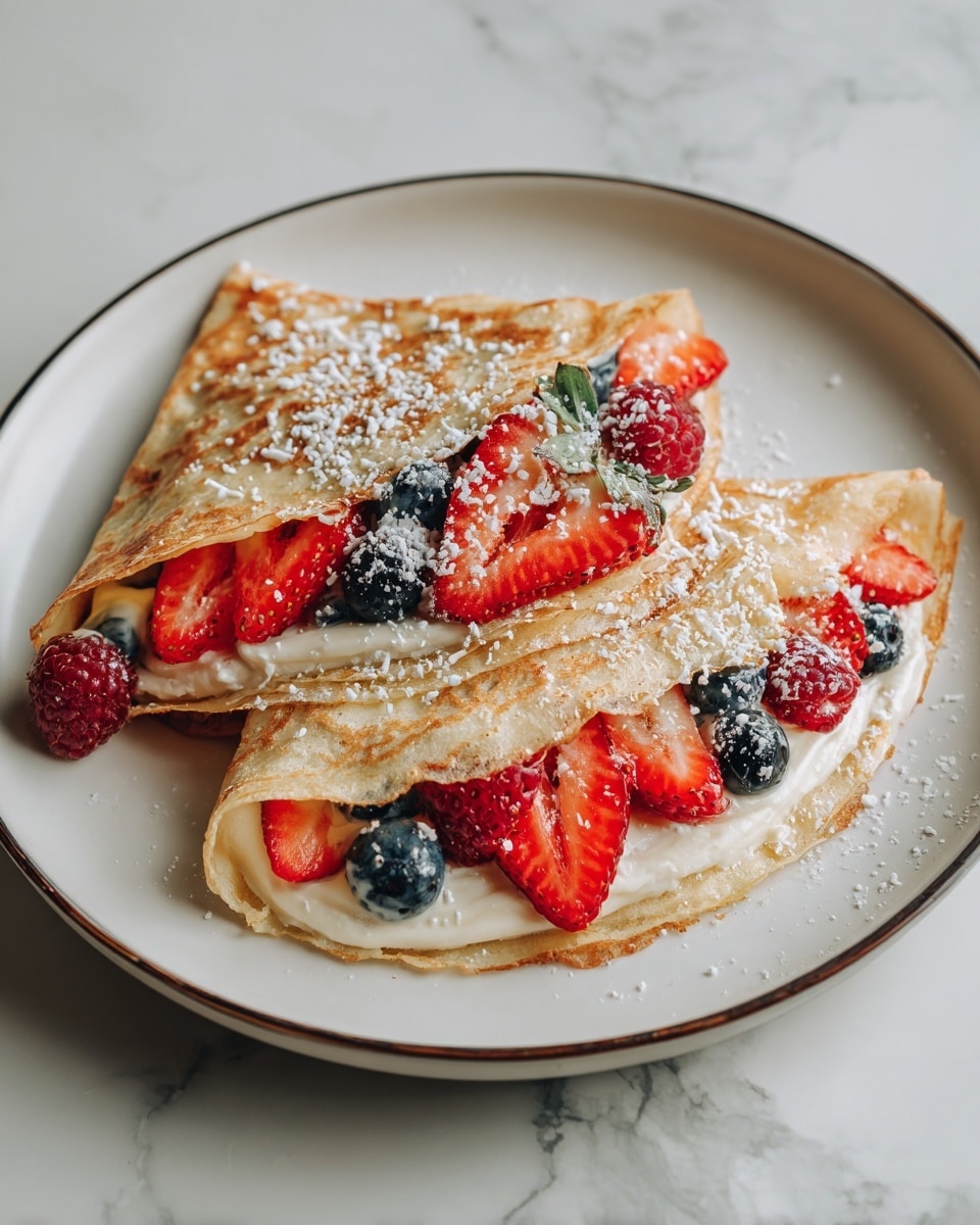A wooden tray holds multiple white bowls and a clear glass bowl with ingredients for making crepes, set on a white marbled surface. In the center, there is a clear bowl filled with creamy, smooth batter with a silver whisk resting inside. To the right, a medium white bowl is filled with white flour, and next to it, a white bowl contains two brown eggs. In the foreground, a white bowl holds a neat stack of thin crepes with golden-brown spots and soft edges. To the left, a white bowl is filled with brightly colored mixed berries including sliced strawberries, whole raspberries, and blueberries. There are also three small bowls in front: one with white cottage cheese, another with a pale yellow liquid, and a smaller wooden bowl with a dark amber liquid, alongside a small white bowl containing a fine white powder, likely salt. In the background, a potted green plant and a folded gray cloth add warmth to the setting. photo taken with an iphone --ar 4:5 --v 7