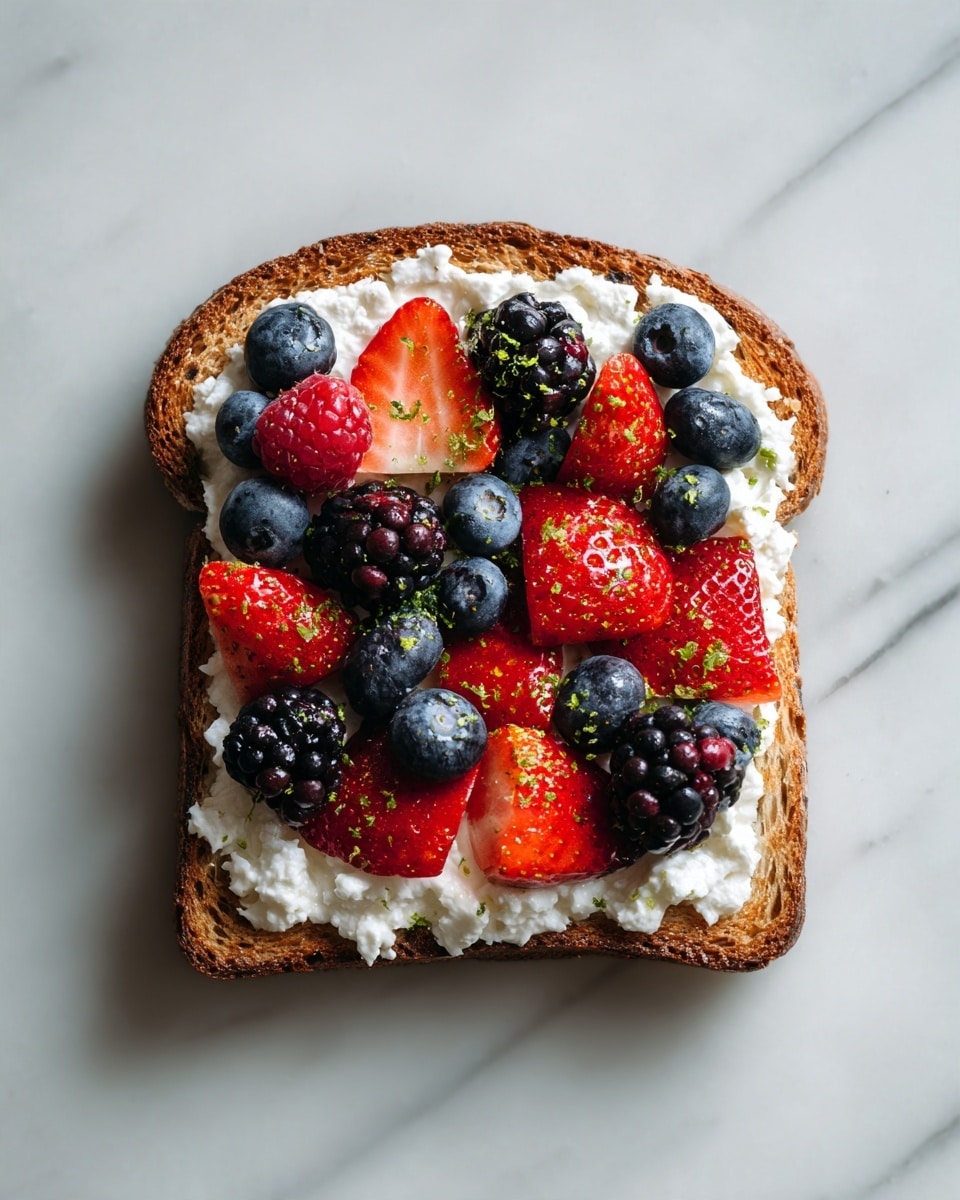 A single slice of toasted brown whole grain bread forms the base, topped with a thick, even layer of white cottage cheese. On top of the cottage cheese, there is a colorful mix of fresh berries: whole blackberries with deep black, textured surfaces, whole blueberries in dark blue, and halved strawberries with bright red interiors and shiny surfaces. Small bits of green zest are sprinkled over the fruit, adding a touch of contrast. The toast sits on a white marbled texture surface. Photo taken with an iphone --ar 4:5 --v 7