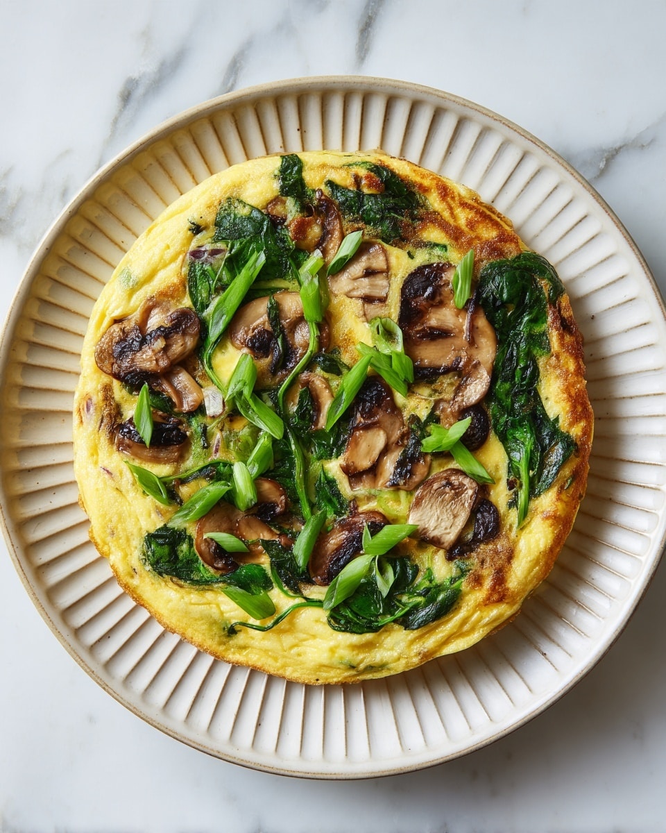 A round omelette sits centered on a white plate with ridged edges, placed on a white marbled surface. The omelette has a golden-yellow base layer, showing slight puffiness and soft texture. Scattered within and on top are sautéed mushroom slices, rich brown with a slightly caramelized look, and bright green chopped spinach leaves spread unevenly, giving a fresh, leafy contrast. Small, vibrant green pieces of chopped green onions are sprinkled on top, adding visual pops of color. The overall look balances earthy browns, fresh greens, and warm yellow in a single-layered presentation. Photo taken with an iphone --ar 4:5 --v 7