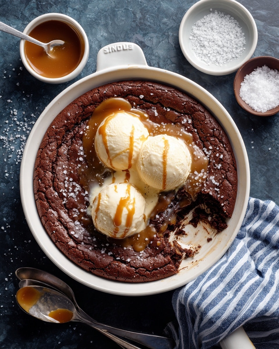 A large round skillet holds a thick, dark brown chocolate dessert with a cracked, textured surface, topped with three scoops of melting pale yellow ice cream that have light caramel drizzled over them. The ice cream sits near the center of the dessert, slightly melting and blending with the warm chocolate underneath. A spoon and fork rest inside the skillet on the right side, with some of the dessert scooped out, showing a gooey inside. Nearby, there is a small white bowl with a thick amber caramel sauce and a silver spoon inside, along with a small bowl of white sea salt flakes. The skillet handle has a folded blue and white striped cloth over it, all set on a dark black marbled surface. Photo taken with an iphone --ar 4:5 --v 7