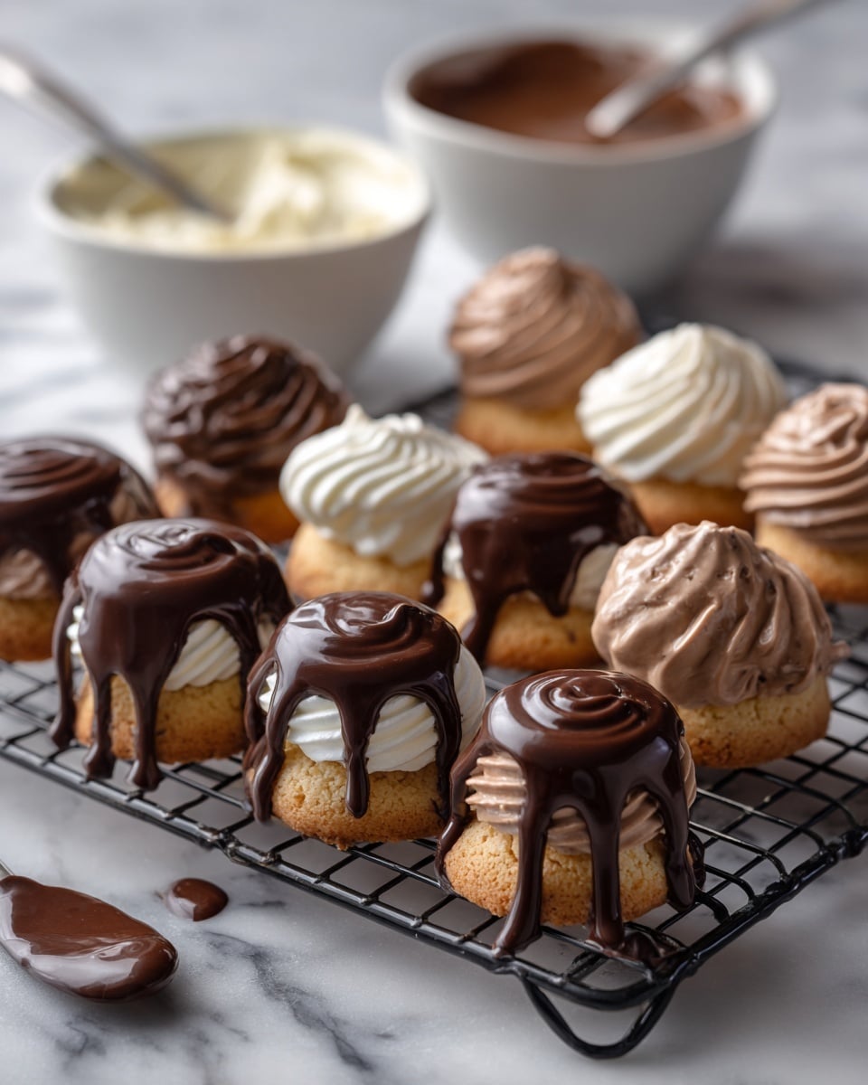 A metal cooling rack holds three rows of small meringue treats, each topped with shiny chocolate coatings in three different shades: dark brown, milk chocolate brown, and white. The meringues are shaped like soft swirls with smooth, glossy textures, and the chocolate covers drip slightly over the edges, creating puddles on the white marbled surface below. In the background, two white bowls sit out of focus, one filled with dark melted chocolate and the other with white cream or frosting, each with metal spoons resting inside. The image has soft lighting that highlights the glossy chocolate and the smooth textures of the treats photo taken with an iphone --ar 4:5 --v 7