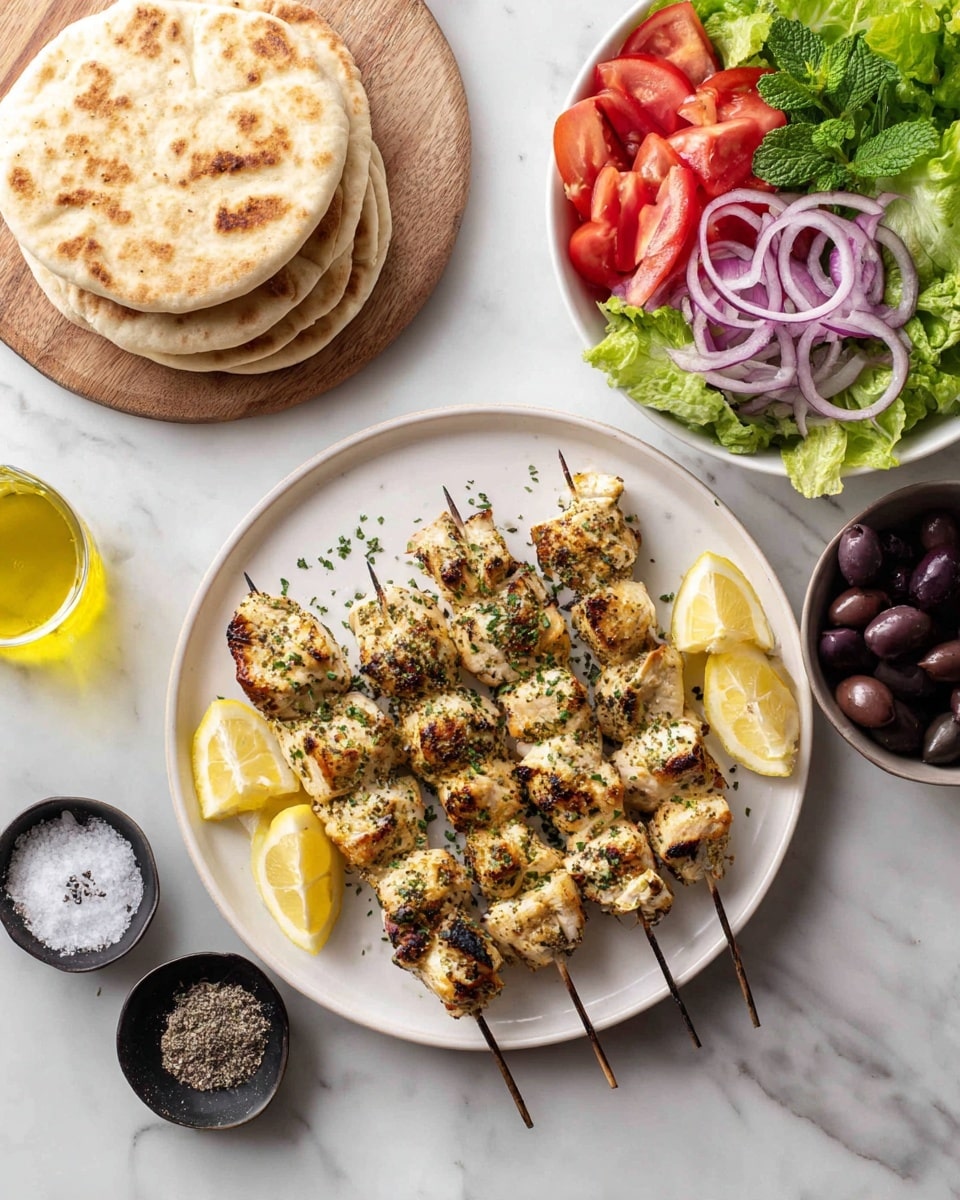 Four grilled chicken skewers with a light golden brown color and grill marks are placed in the center of a white round plate. Around the skewers are four lemon wedges with bright yellow flesh. To the upper left, there are four pieces of flat, round pita bread stacked on a wooden board, showing a soft beige color with toasted spots. Above the plate, three small white bowls contain different sides: one has a creamy white tzatziki sauce with green herbs, another has a fresh tomato salad with red and yellow tomato pieces, purple onion slices, and mint leaves, and the last bowl holds fresh dark green romaine lettuce leaves. To the right of the plate is a small black bowl with green and purple olives. In the lower left corner, a small black bowl holds coarse salt, and a glass bottle with golden olive oil is visible near the top right. The whole arrangement is on a white marbled surface with soft natural light. photo taken with an iphone --ar 4:5 --v 7