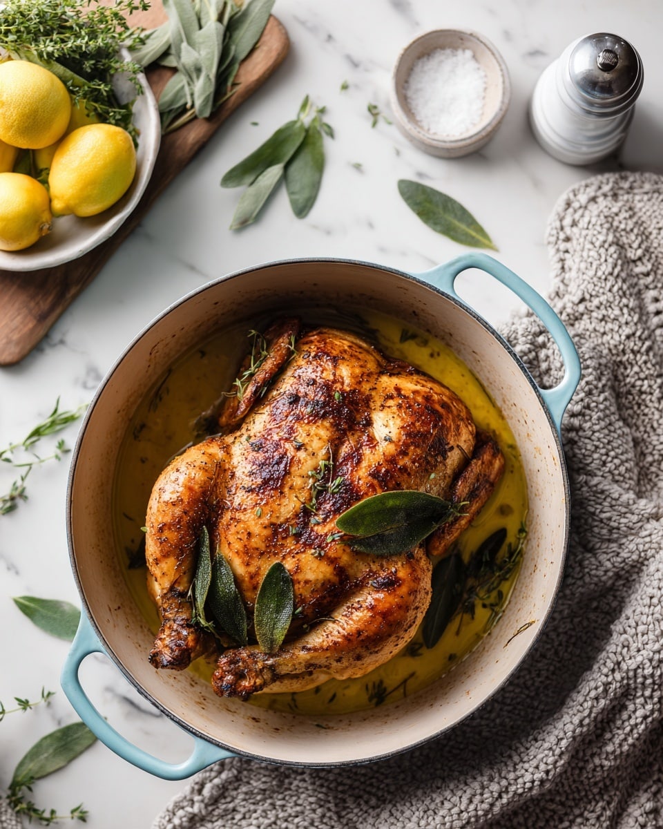 A whole raw spatchcock chicken with pale pink skin lies spread flat at the center of a white enamel pot with light blue handles, placed on a white marbled surface. To the left, a small round wooden board holds fresh green herbs with varied leaves and small flowers. Above it, a white bowl with yellow butter mixed with finely chopped green herbs and black pepper sits partly visible. To the upper right of the pot, a white bowl contains several bright yellow lemons, some with green leaves still attached; one lemon rests alone nearby. Next to the bowl of lemons, a small dish holds coarse white salt and a silver pepper grinder stands upright. A greenish textured cloth is placed loosely at the right edge of the frame. Photo taken with an iphone --ar 4:5 --v 7