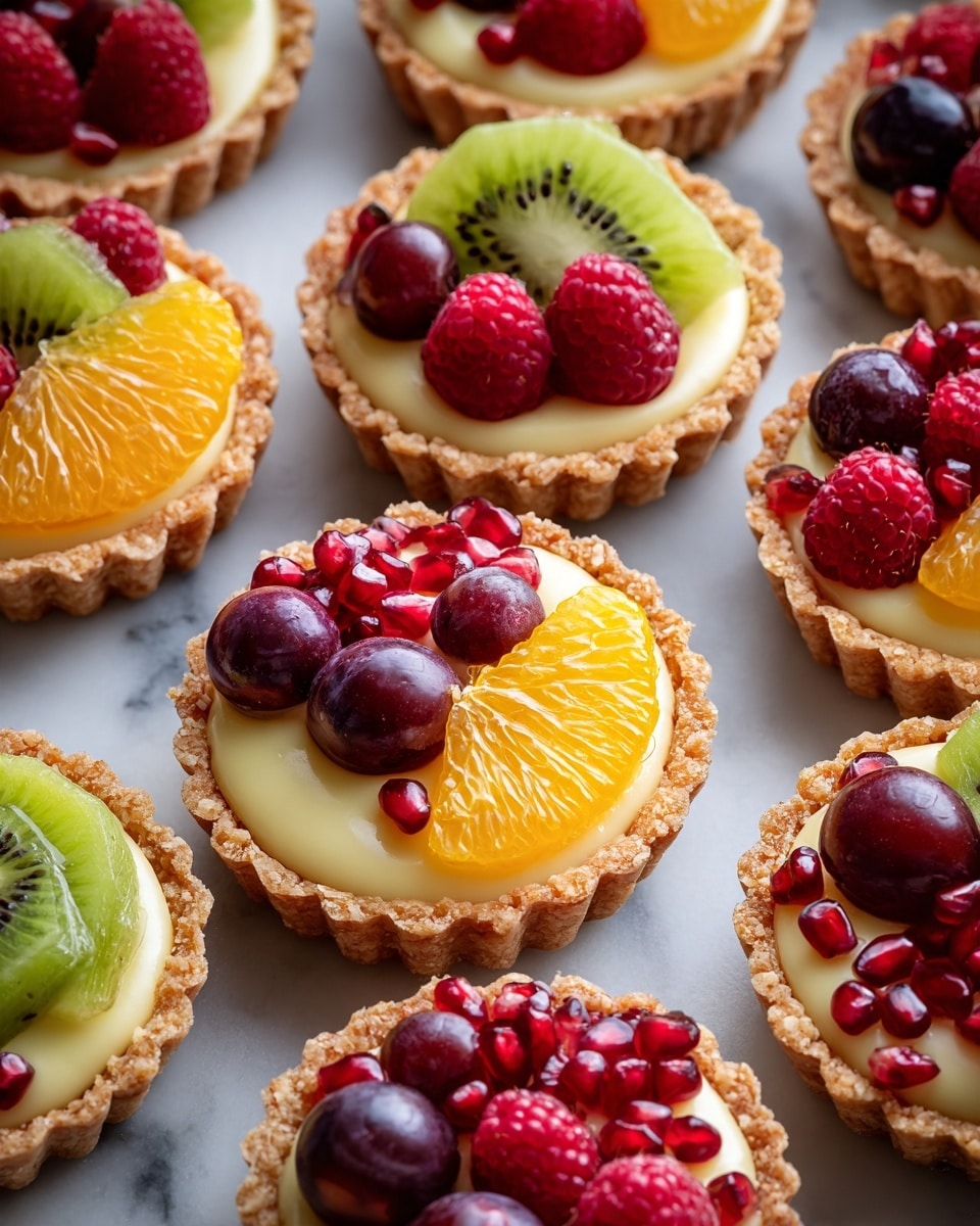 The image shows two small cupcakes with a moist, golden-brown texture. The cupcake on the right is topped with smooth cream and a colorful fruit arrangement including a cluster of shiny dark red grapes, a fresh red raspberry, and bright red pomegranate seeds. The cupcake on the left is topped with smooth cream and a piece of yellow pineapple with a shiny, juicy texture. Both cupcakes sit on a white marbled surface with a soft grey background. photo taken with an iphone --ar 4:5 --v 7