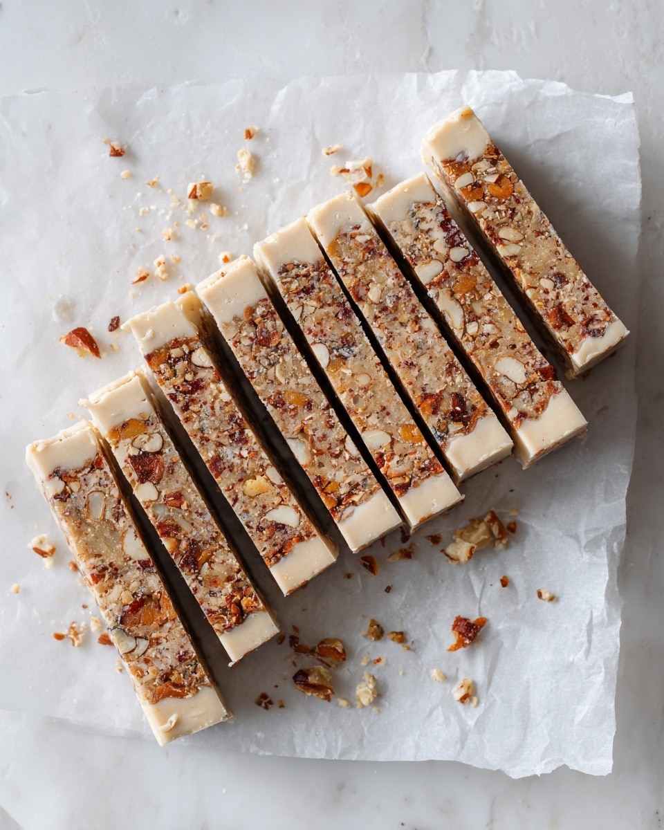 The image shows six rectangular bars arranged in a straight line on a white marbled surface covered with wax paper. Each bar has two layers: the bottom layer is dense, textured, and orange-brown with visible seeds and small bits, while the top layer is smooth, thick, and creamy light beige. Some crumbs are scattered around the bars on the surface. Photo taken with an iphone --ar 4:5 --v 7