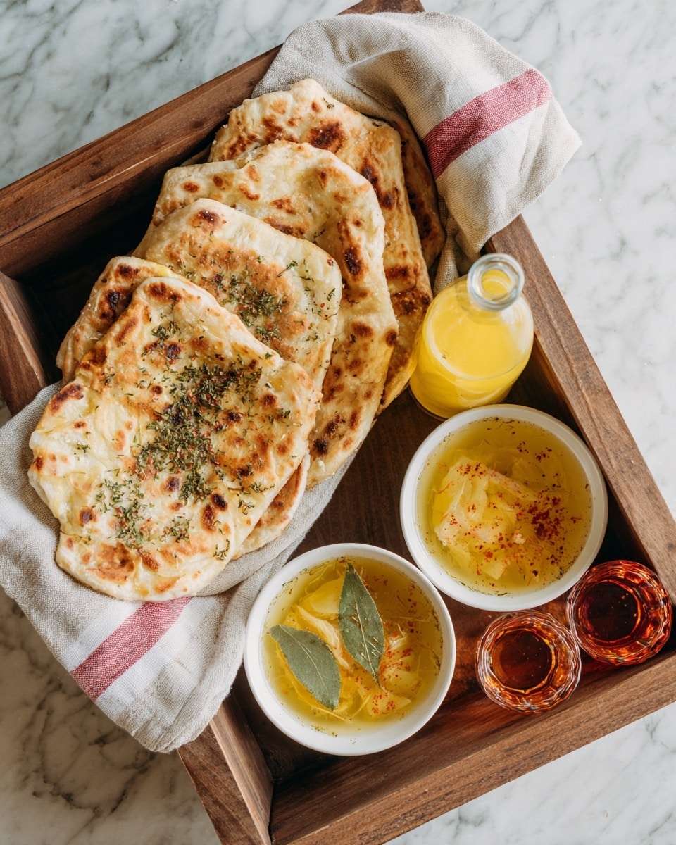 The image shows a wooden tray lined with a white cloth with red stripes, filled with several pieces of golden-brown flatbread sprinkled with herbs placed on the left side. In the front middle, there are two white bowls filled with a yellow sauce with small brown bits and a bay leaf floating on top. Next to the bowls are two empty clear glasses, and in front of them are two glass bottles, one filled with a yellow drink and the other with a red drink. The tray is placed on a white marbled surface, and the overall scene has a warm, rustic feel. photo taken with an iphone --ar 4:5 --v 7