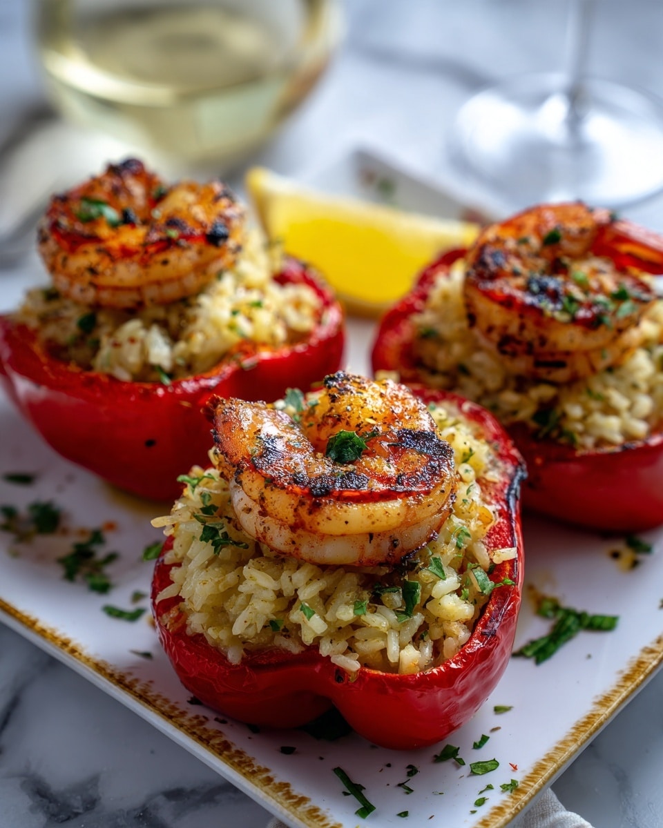 The image shows three stuffed red bell pepper halves filled with a light brown rice mixture. On top of each rice layer, there are browned, grilled shrimp with a slight char and sprinkled with green herb pieces. The peppers sit on a white plate with some scattered green herbs around, placed on a white marbled surface. A slice of lemon and a glass of white wine are blurred in the background, giving a warm and tasty feel to the scene. photo taken with an iphone --ar 4:5 --v 7