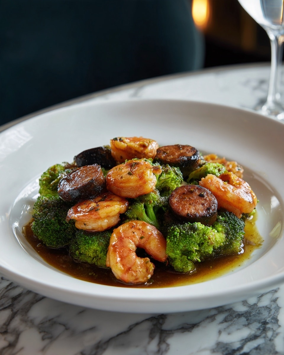 The dish shows a white plate filled with three main layers: bright green broccoli florets with textured, bumpy tops and firm stalks scattered evenly, medium-sized shrimp that are shiny and light orange with a grilled look, and round slices of browned sausage with a slightly crisp surface. All elements are coated in a glossy brown sauce pooling slightly on the white marbled surface beneath the plate, giving a rich, tasty feel. The food sits on a dark textured surface in soft light, with a glass of pale liquid in the upper right corner. photo taken with an iphone --ar 4:5 --v 7