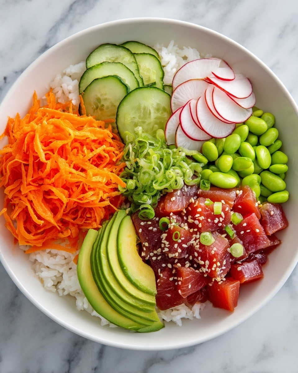 A black bowl filled with layers of food starting with a base of white rice. On one side, there are dark reddish-brown chunks of marinated raw fish topped with green sliced scallions and sprinkled with white sesame seeds. Next to it, bright green sliced avocado is fanned out, also topped with sesame seeds. There are thin slices of red and white radish and green cucumber, arranged in a row beside the avocado. Bright orange shredded carrots sit near the cucumber, and green edamame beans peek out along the edge. The bowl is placed on a white marbled surface, and a small part of a white bowl with a small piece of lime can be seen in the background. photo taken with an iphone --ar 4:5 --v 7